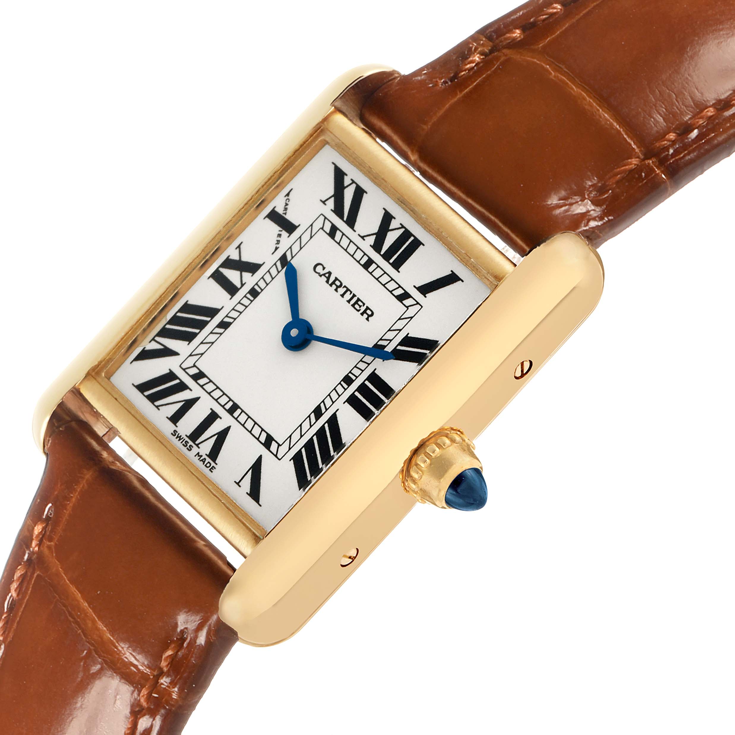 The Cartier Tank Louis W1529856 Women's Yellow Gold Silver Dial model is shown at an oblique angle displaying its dial, Roman numerals, and brown leather strap.