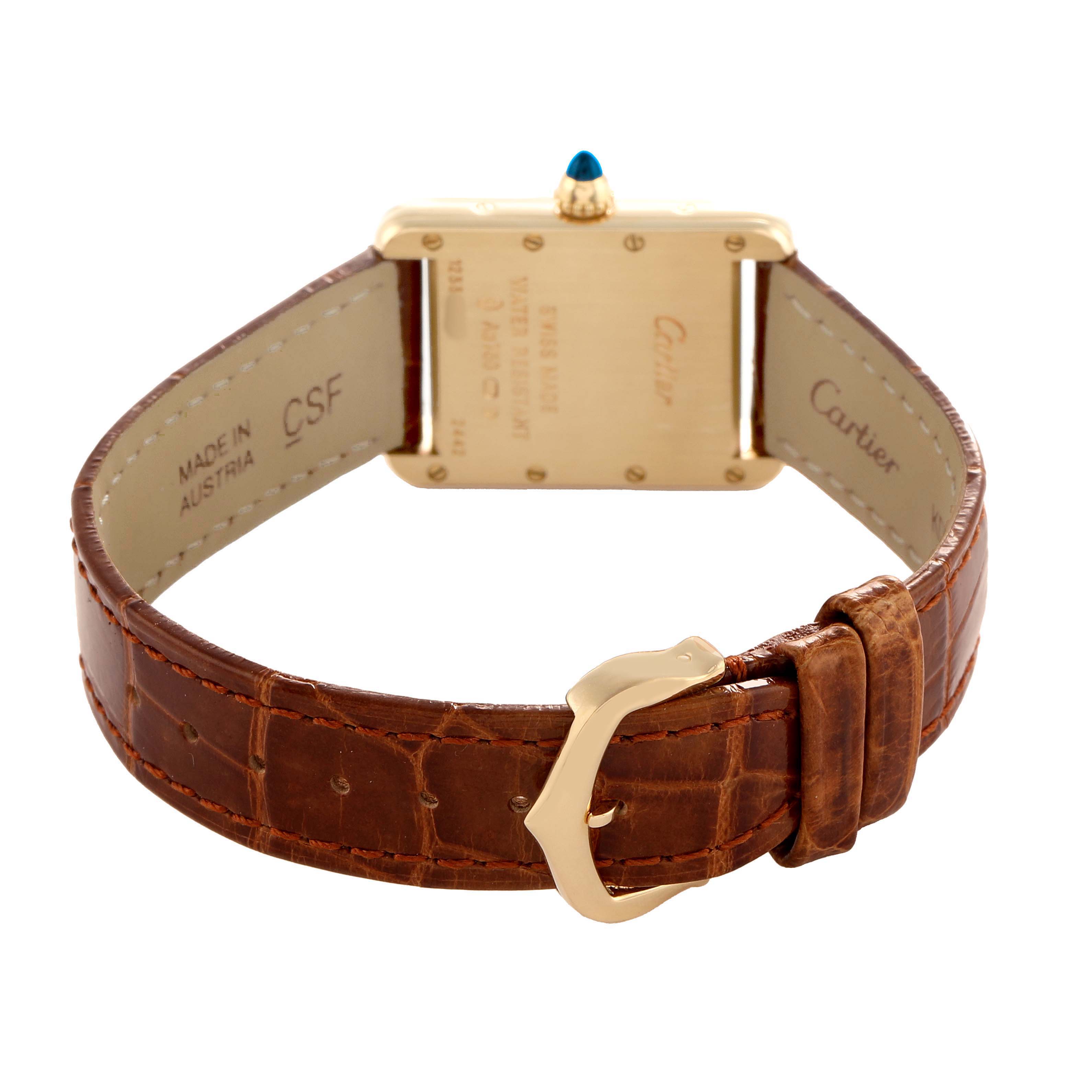 The Cartier Tank Louis W1529856 Women's Yellow Gold Silver Dial watch is shown from the back, displaying the strap and clasp.