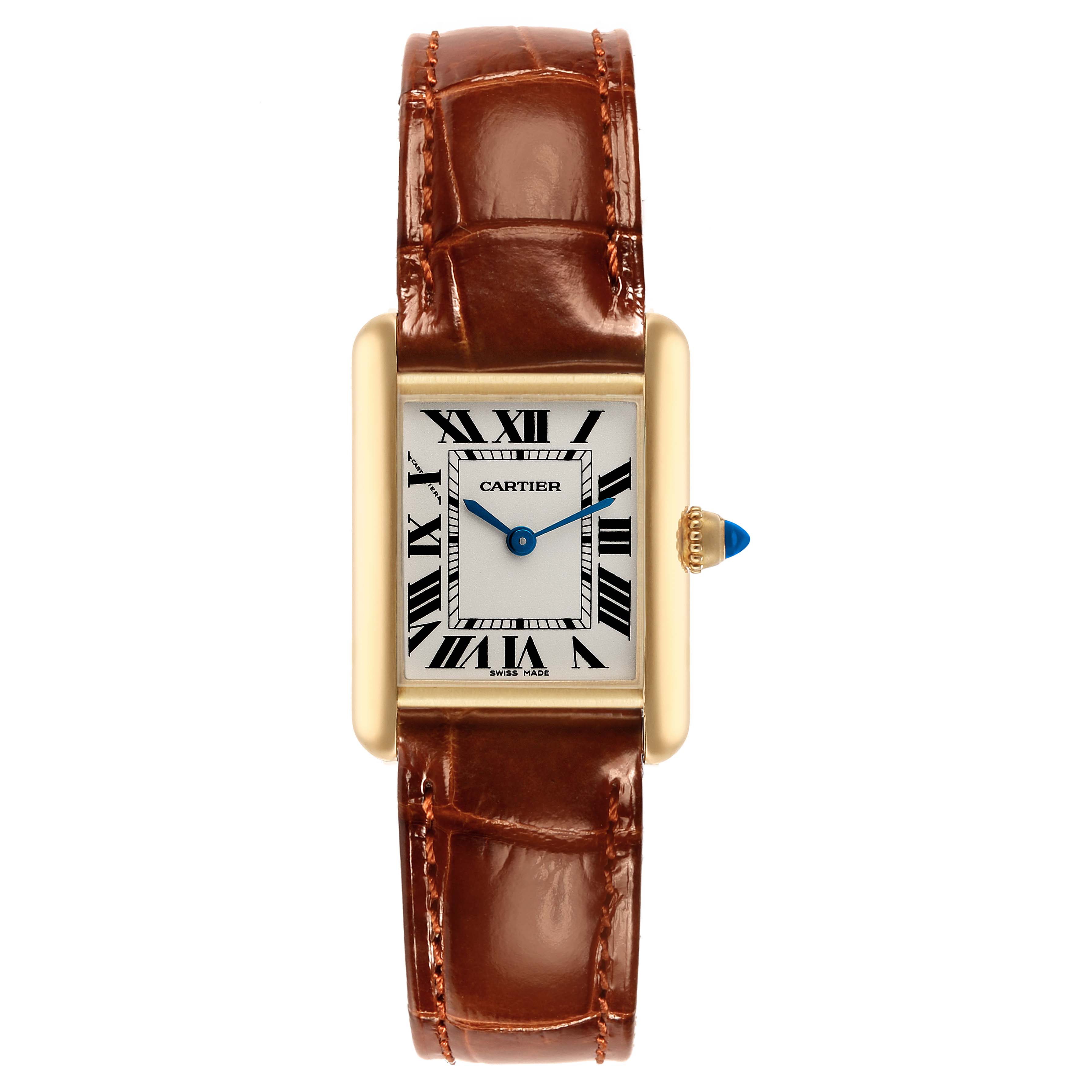 The Cartier Tank Louis W1529856 Women's Yellow Gold Silver Dial watch is shown from the front, displaying the face, Roman numerals, gold case, and brown leather strap.