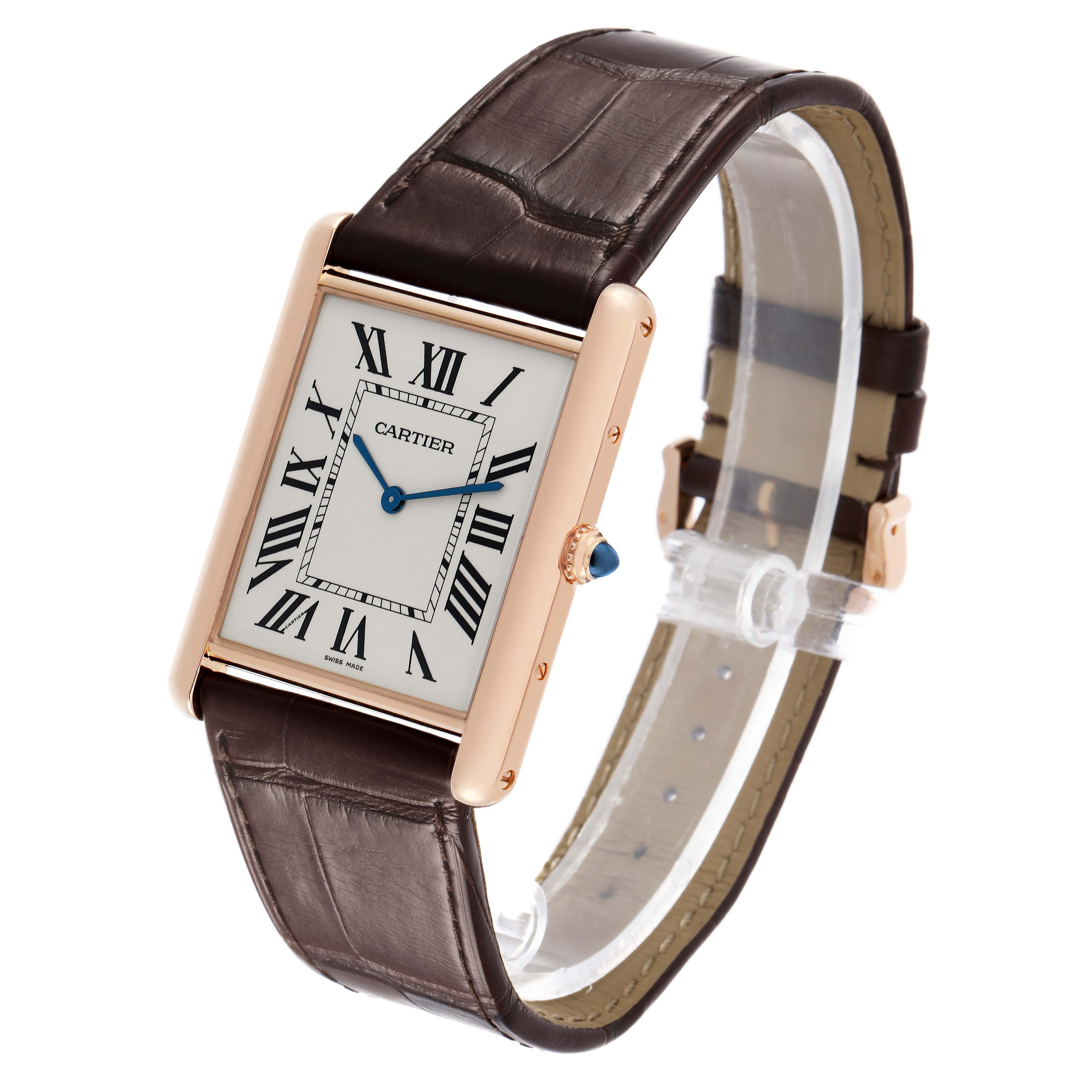 The Cartier Tank Louis W1560017 Men's Rose Gold Silver Dial watch is shown at a three-quarter angle, highlighting the face, gold case, crown, and leather strap.