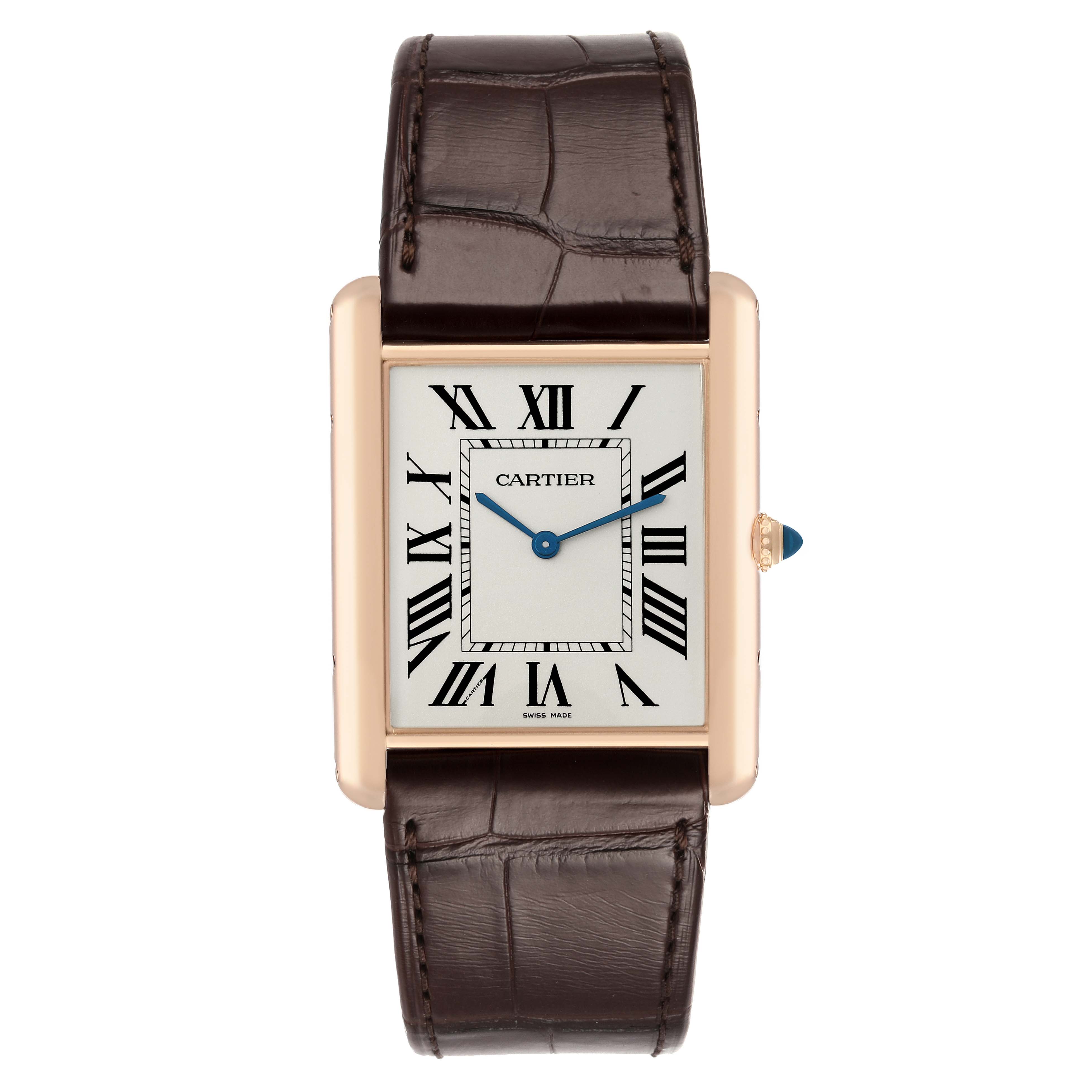 The Cartier Tank Louis W1560017 Men's Rose Gold Silver Dial watch is shown from a front angle, displaying its face, Roman numerals, case, and leather strap.