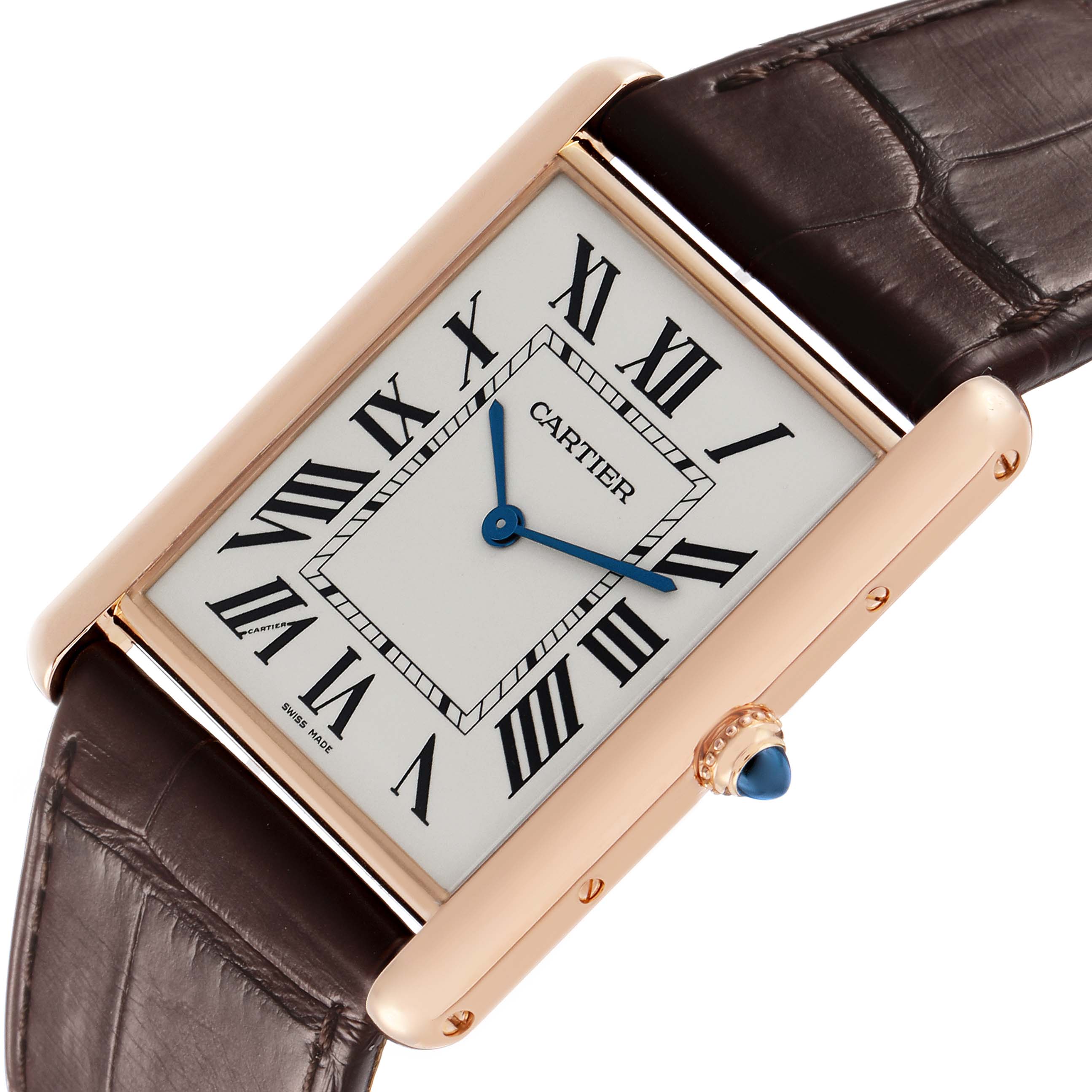 The Cartier Tank Louis W1560017 Men's Rose Gold Silver Dial watch is shown at an angle highlighting the face, crown, and leather strap.