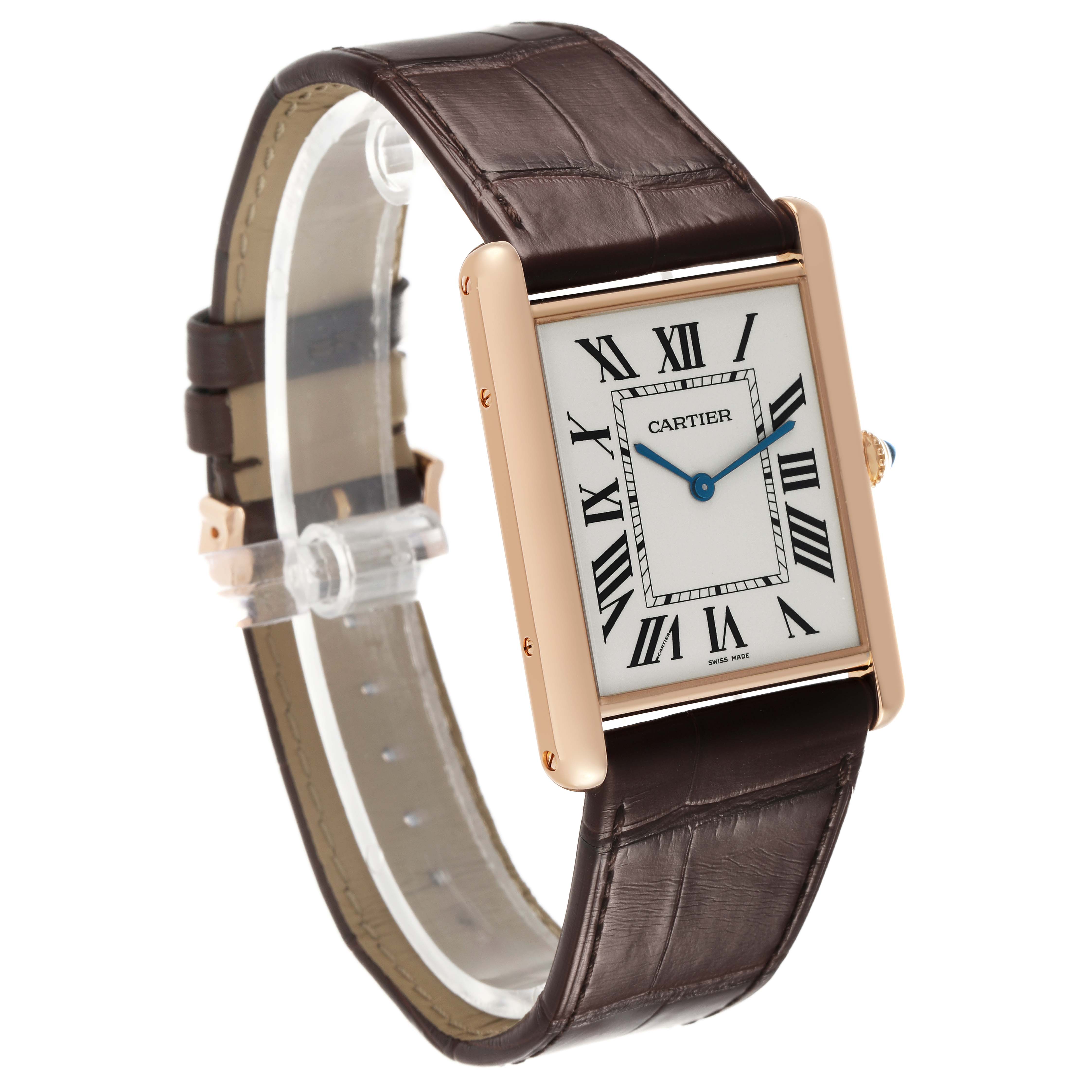 The Cartier Tank Louis W1560017 Men's Rose Gold Silver Dial watch is shown at a slight side angle, displaying the face and brown leather strap.