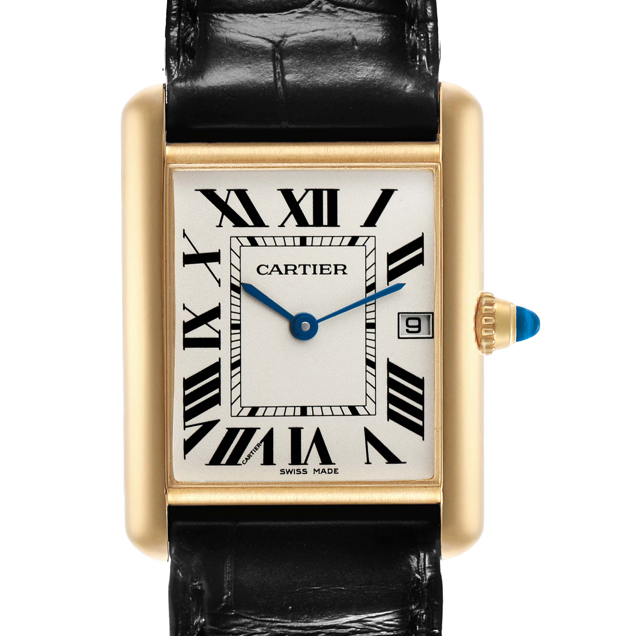 This Tank Louis Cartier watch is shown from the front, highlighting its rectangular face, Roman numerals, and black leather strap.