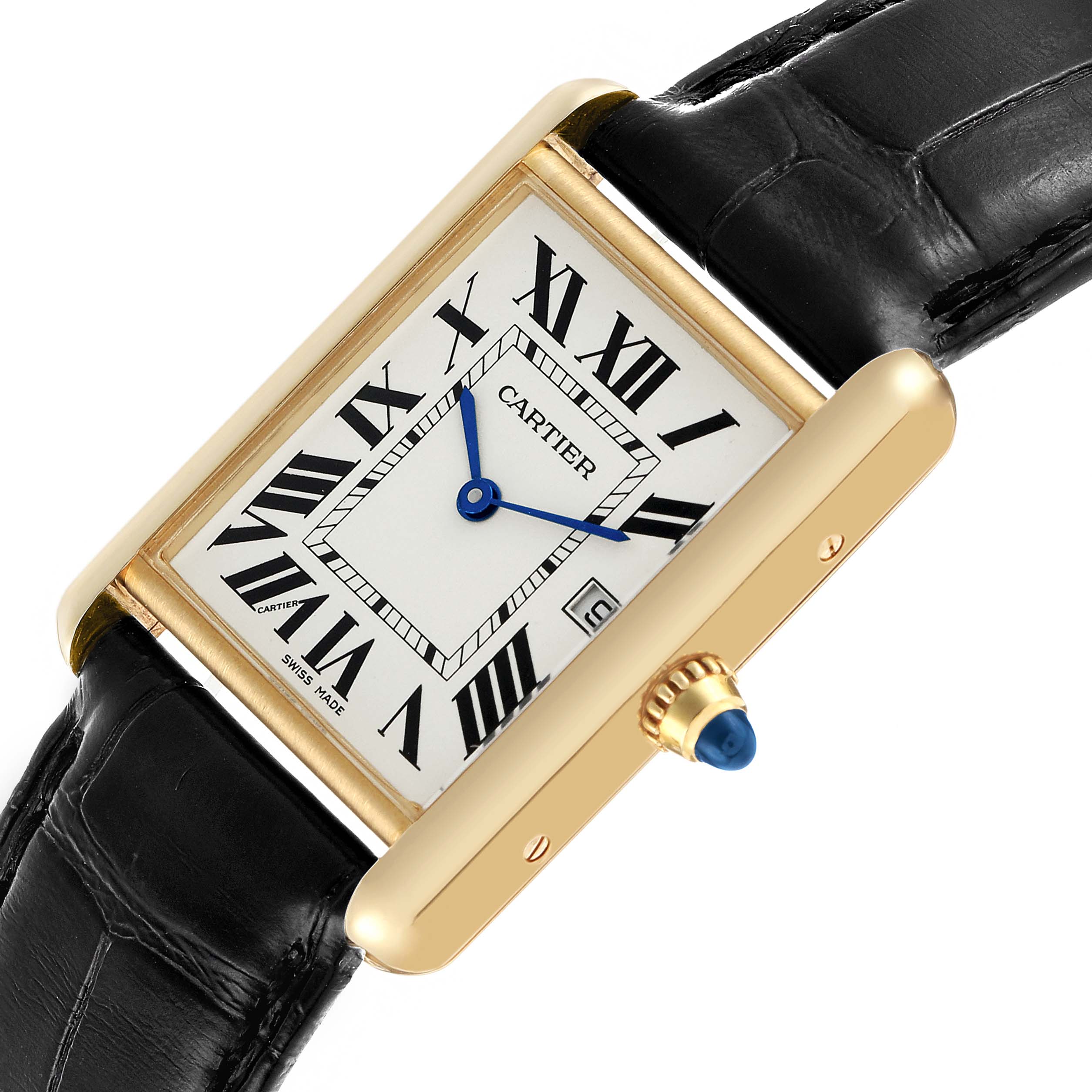 The Cartier Tank Louis W1529756 Men's Yellow Gold Silver Dial watch is shown at a slightly tilted angle, displaying the dial, crown, and black leather strap.