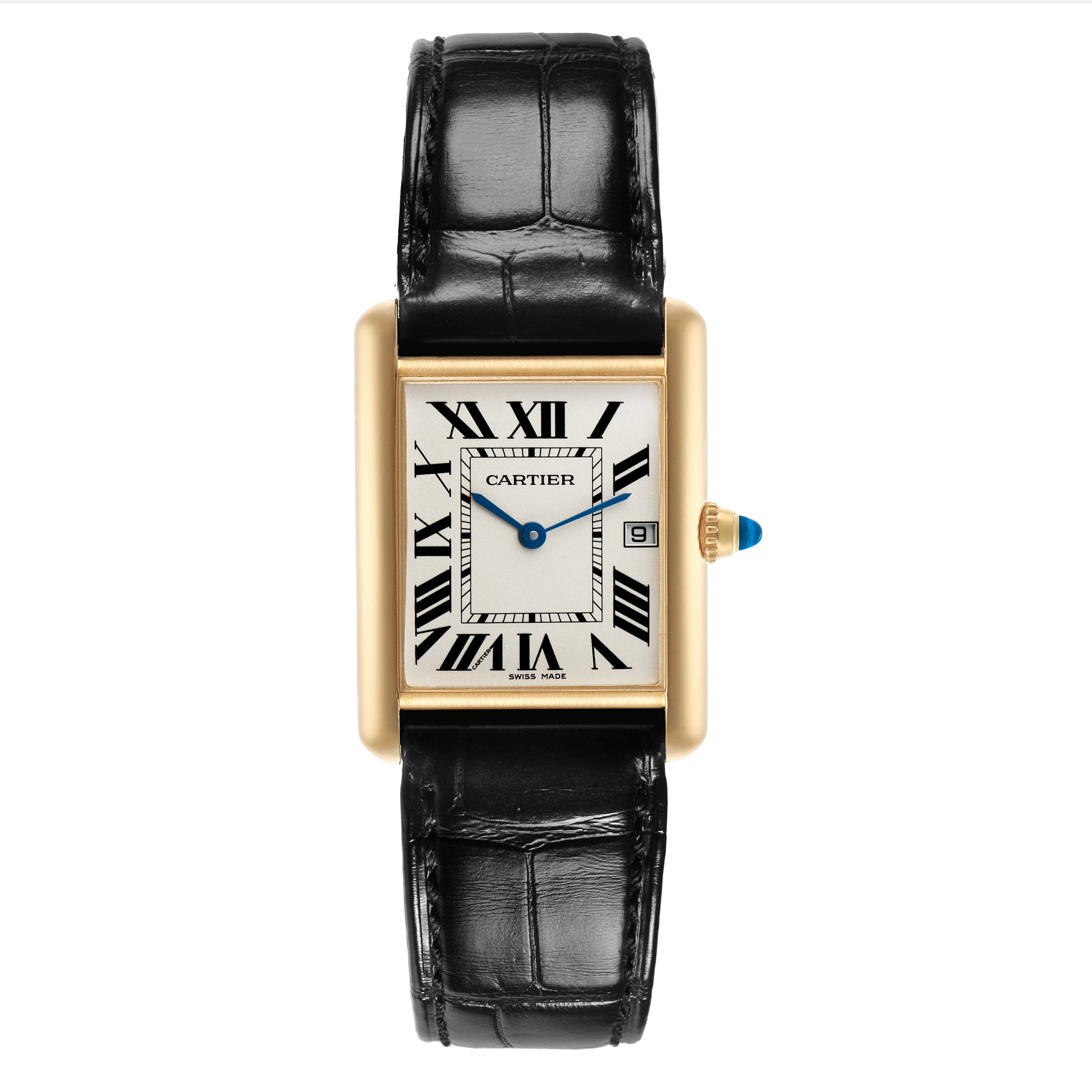 The Cartier Tank Louis W1529756 Men's Yellow Gold Silver Dial watch is shown from a top-down angle, displaying the face, Roman numerals, and black leather strap.