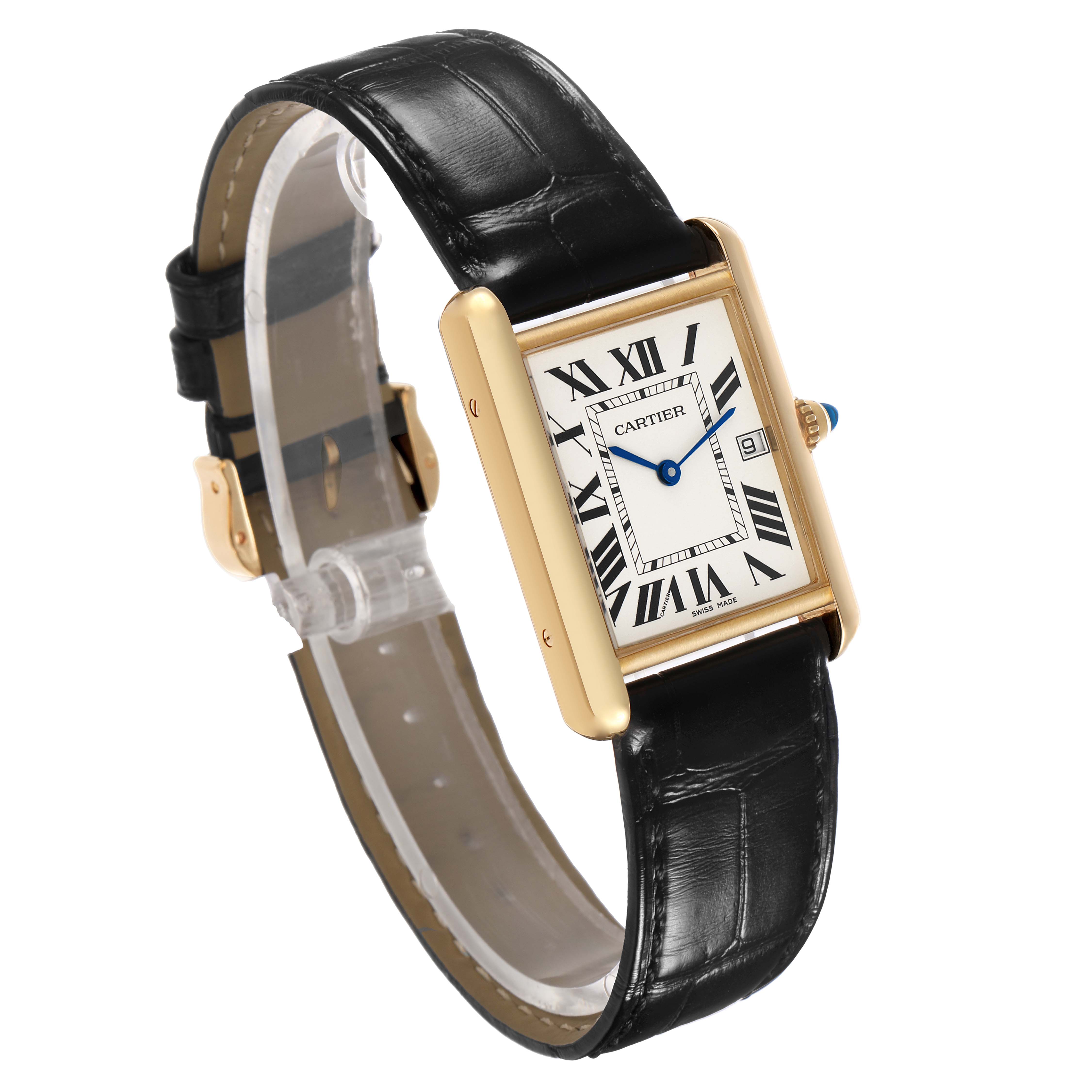 The Cartier Tank Louis W1529756 Men's Yellow Gold Silver Dial watch is shown at an angled side view, displaying its rectangular face, gold case, and black leather strap.