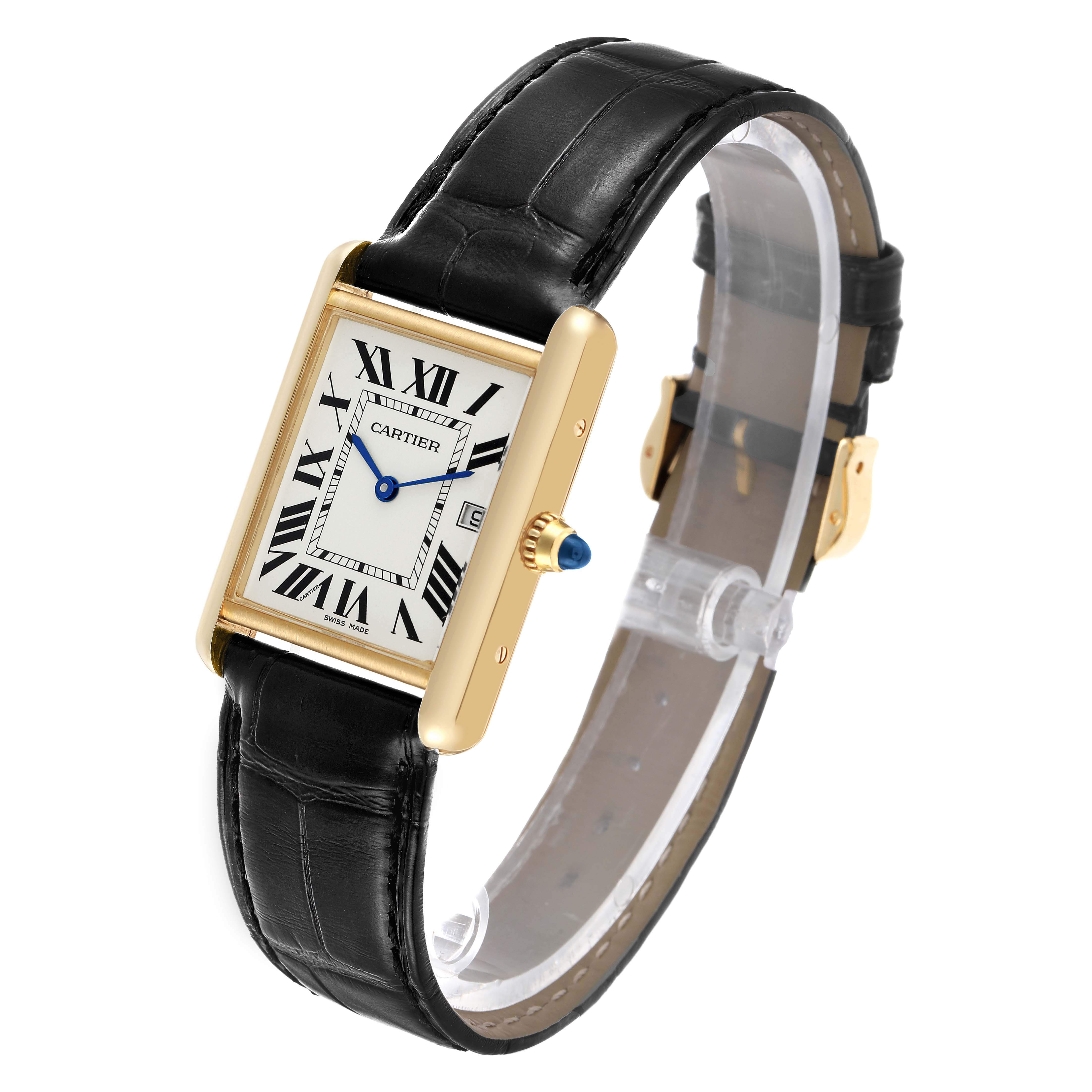 The Cartier Tank Louis W1529756 Men's Yellow Gold Silver Dial watch is shown in a 3/4 angle, highlighting the face, crown, and leather strap.