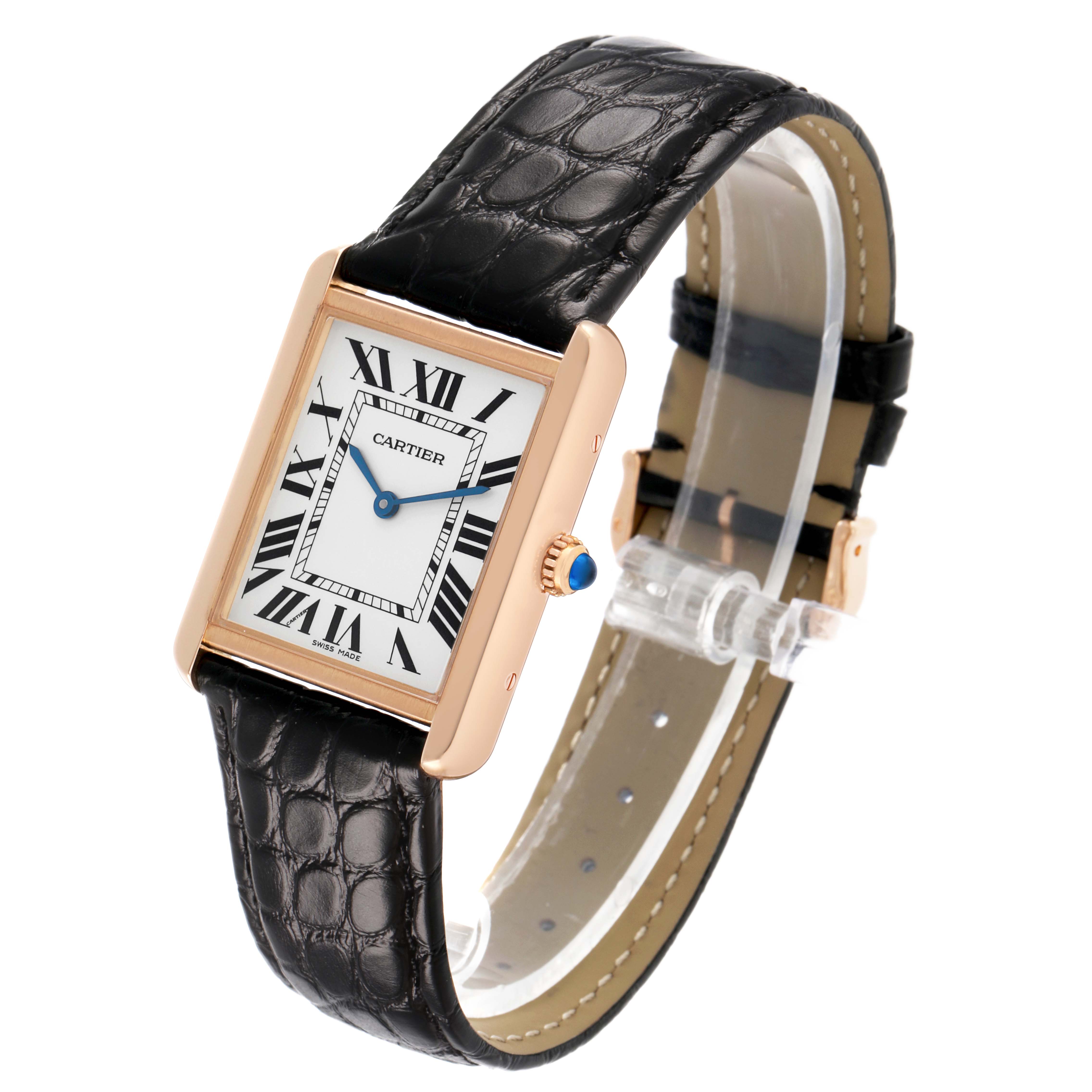The Cartier Tank Solo W5200025 Women's Rose Gold Silver Dial watch is shown at an angled top view, displaying the face, black leather strap, and crown with a blue cabochon.