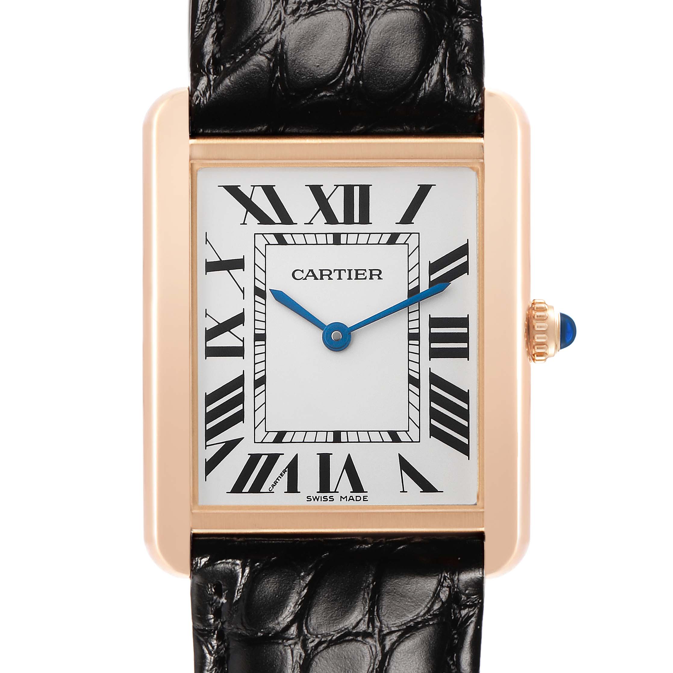 The Cartier Tank Solo W5200025 Women's Rose Gold Silver Dial watch is shown from a front angle, displaying its rectangular face, Roman numerals, and leather strap.