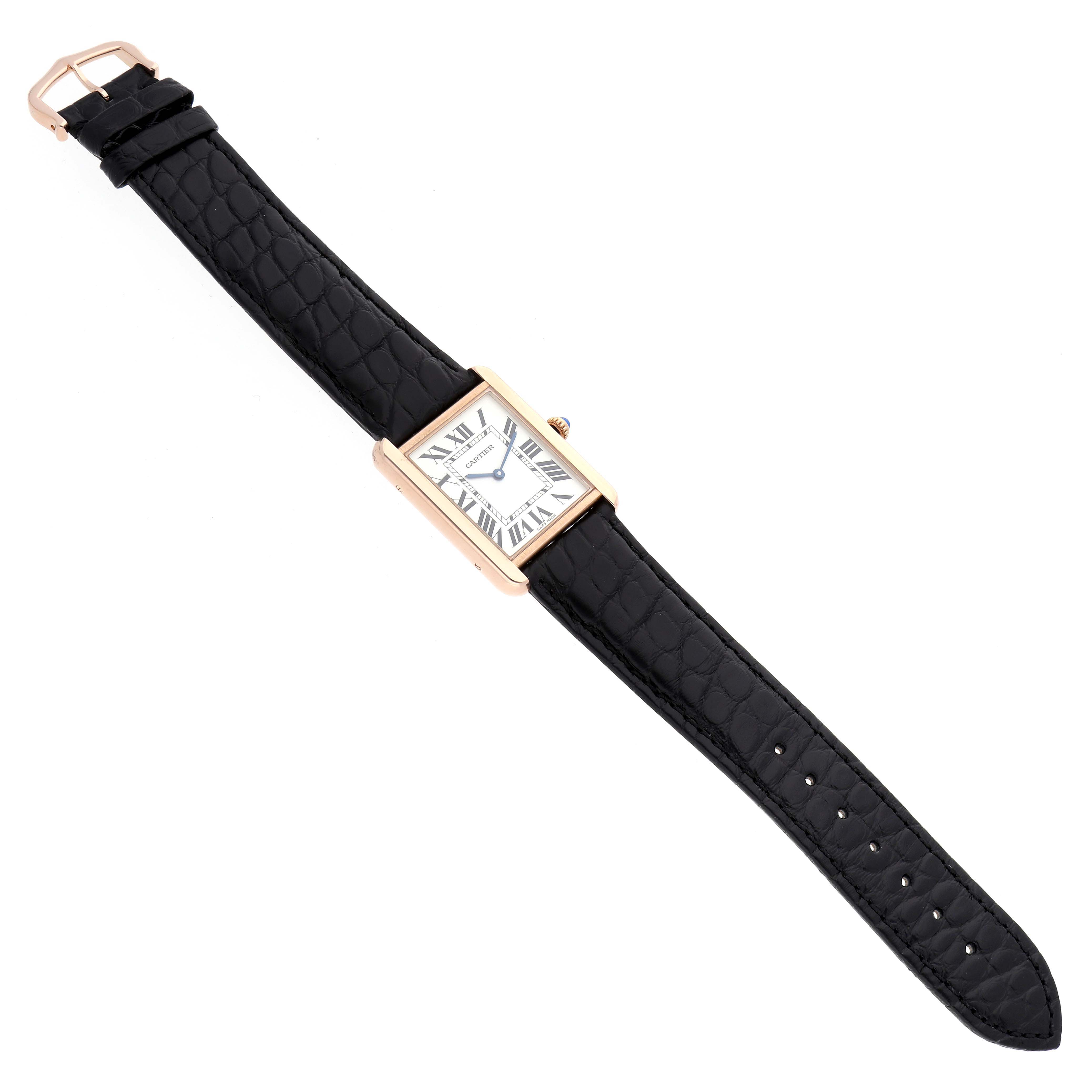 The Cartier Tank Solo W5200025 Women's Rose Gold Silver Dial watch is shown from a top-down angle, displaying its entire face and leather strap.