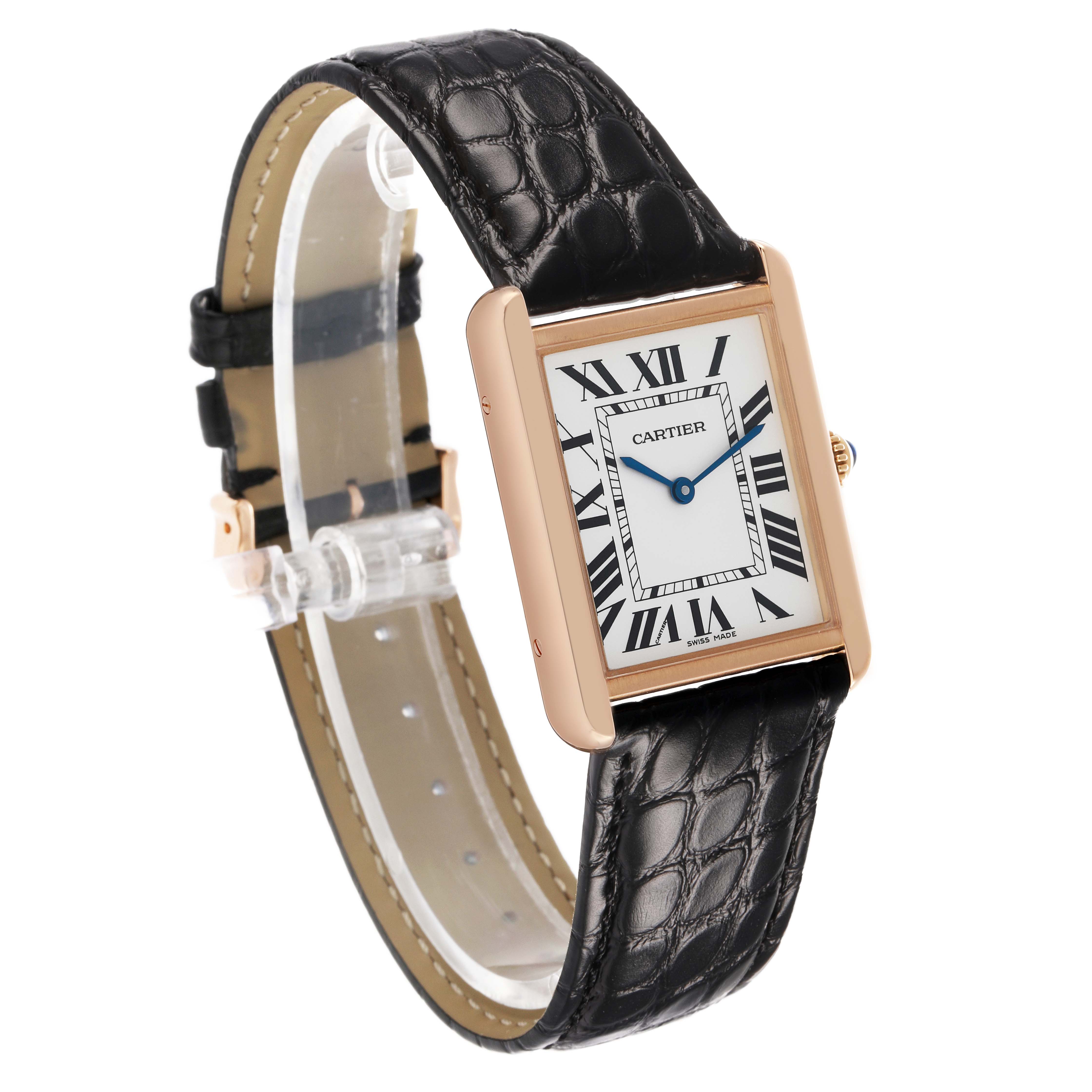 The Cartier Tank Solo W5200025 Women's Rose Gold Silver Dial watch is shown at a front angle highlighting its rectangular face, Roman numerals, and leather strap.
