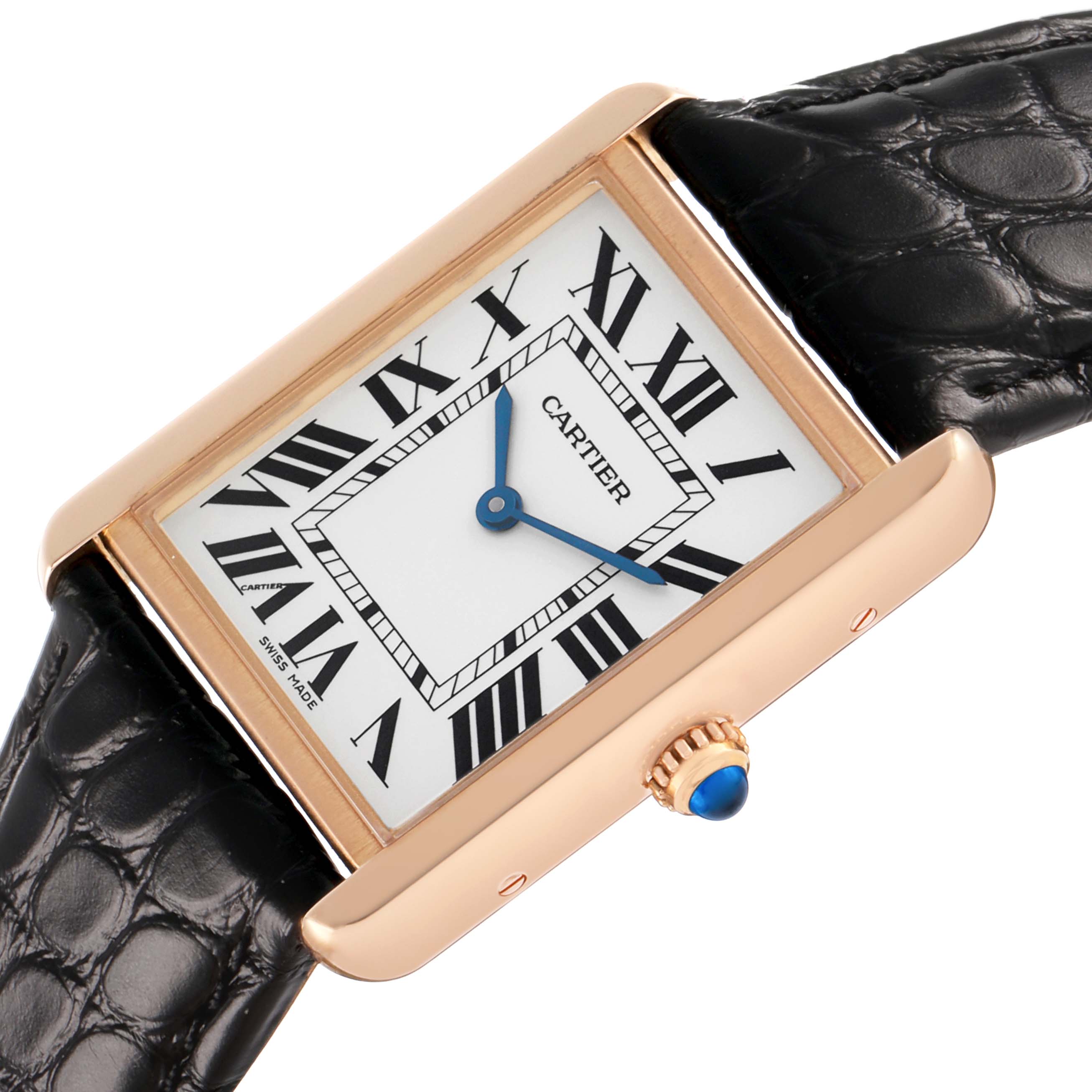 The Cartier Tank Solo W5200025 Women's Rose Gold Silver Dial watch is shown at an angled side view, highlighting its rectangular face, Roman numerals, and blue cabochon crown.