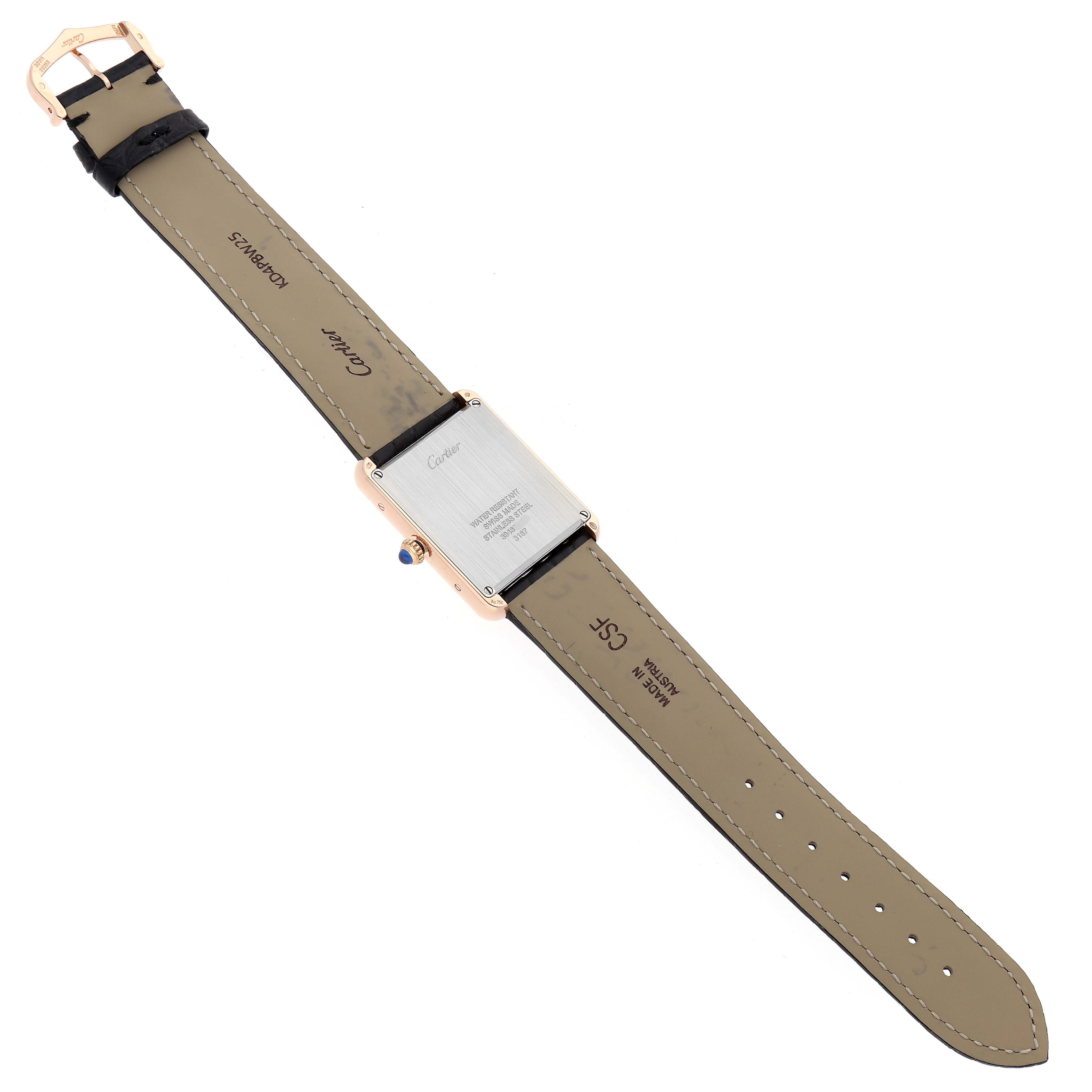 The Cartier Tank Solo W5200025 Women's Rose Gold Silver Dial watch is shown from the back, displaying the case back, leather strap, and buckle.