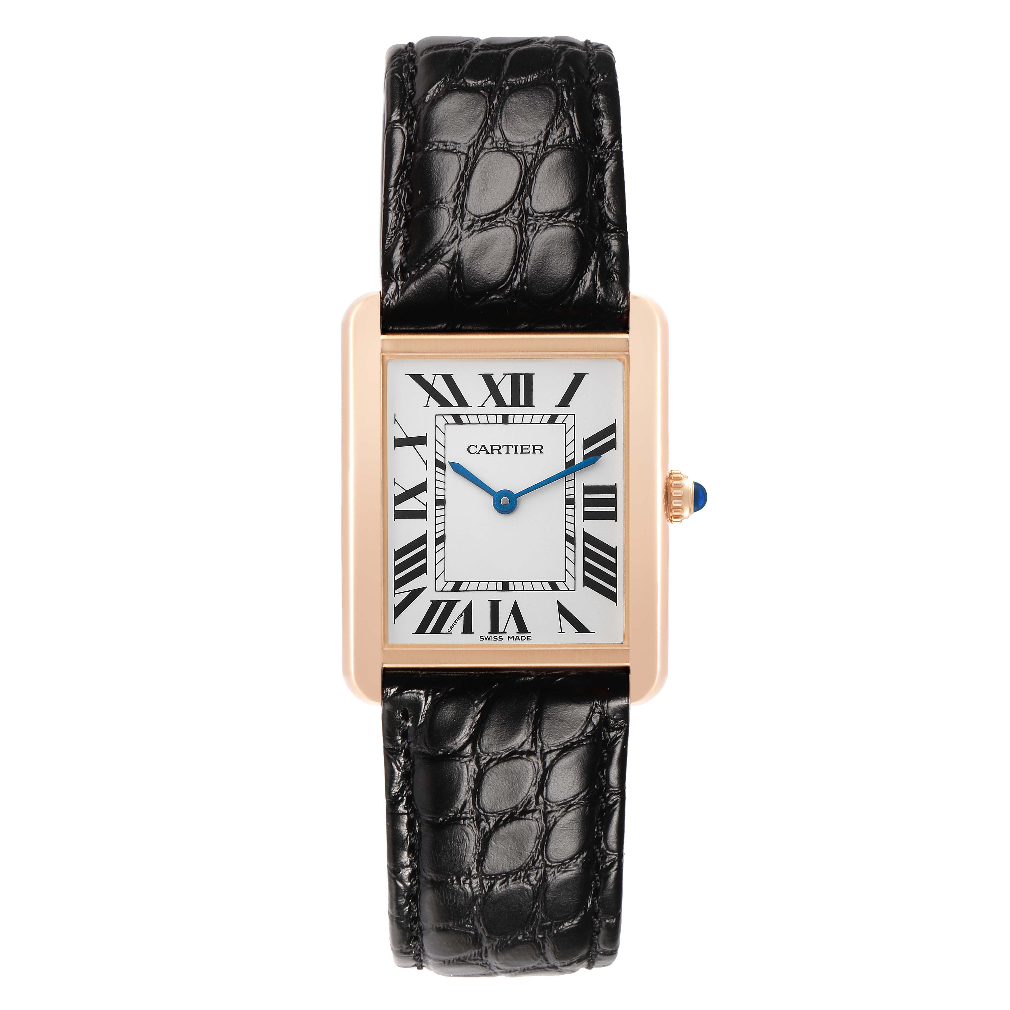 The Cartier Tank Solo W5200025 Women's Rose Gold Silver Dial watch is shown from the front, displaying its rectangular case, Roman numeral dial, and black leather strap.