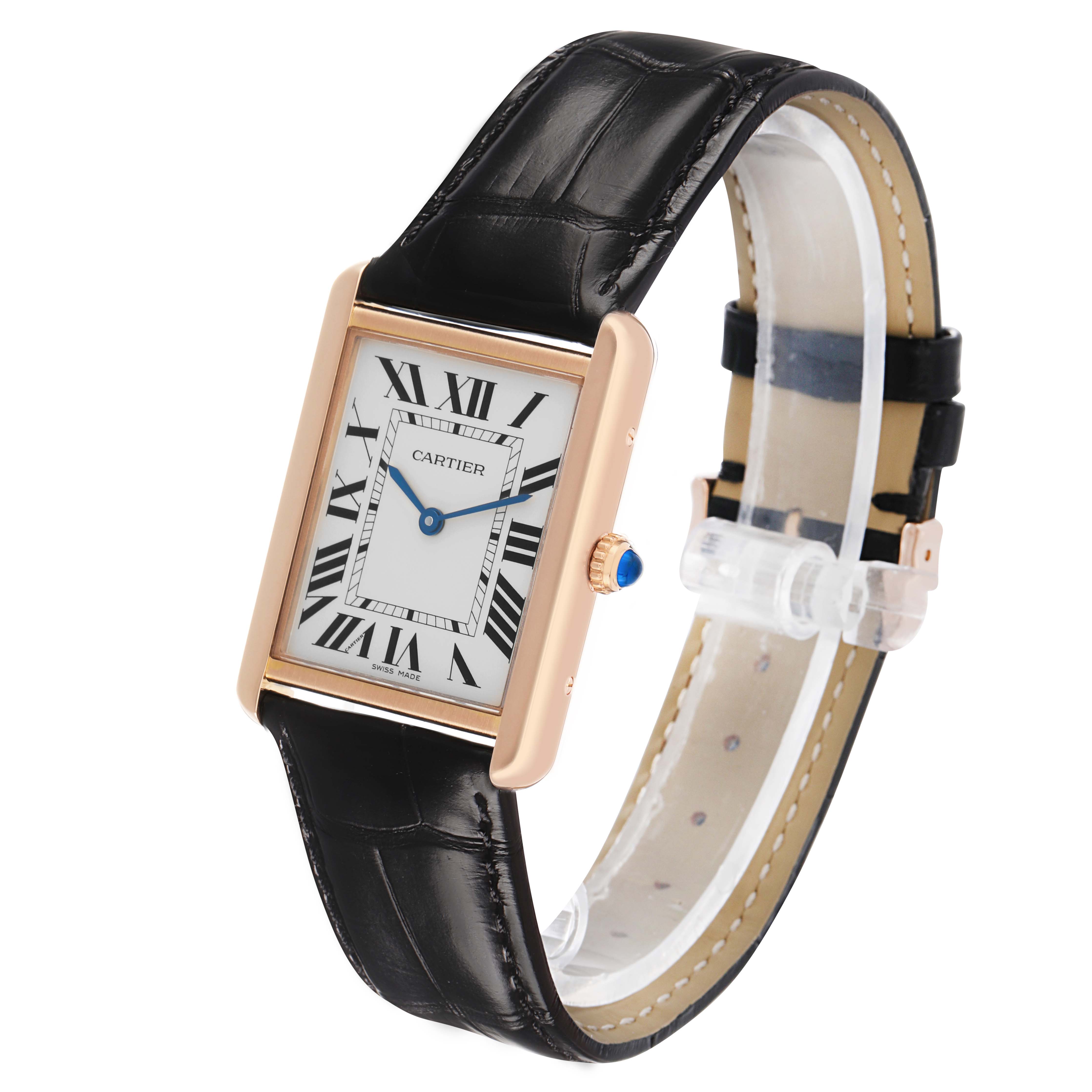 The Cartier Tank Solo W5200025 Men's Rose Gold Silver Dial watch is shown from a three-quarter angle, highlighting the face, strap, and side crown.