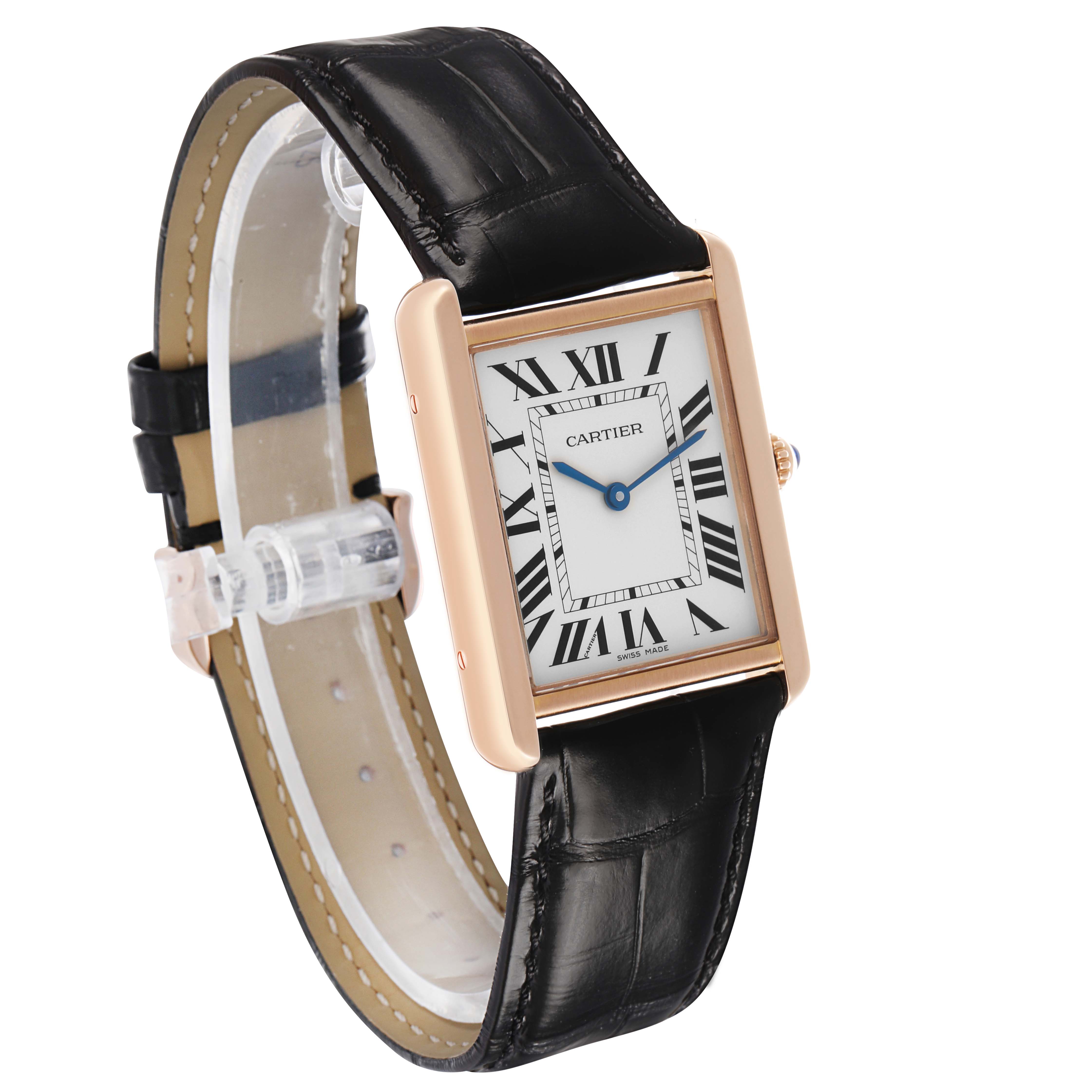 The Cartier Tank Solo W5200025 Men's Rose Gold Silver Dial watch is shown at a three-quarter angle, highlighting its rectangular face, Roman numerals, and black leather strap.