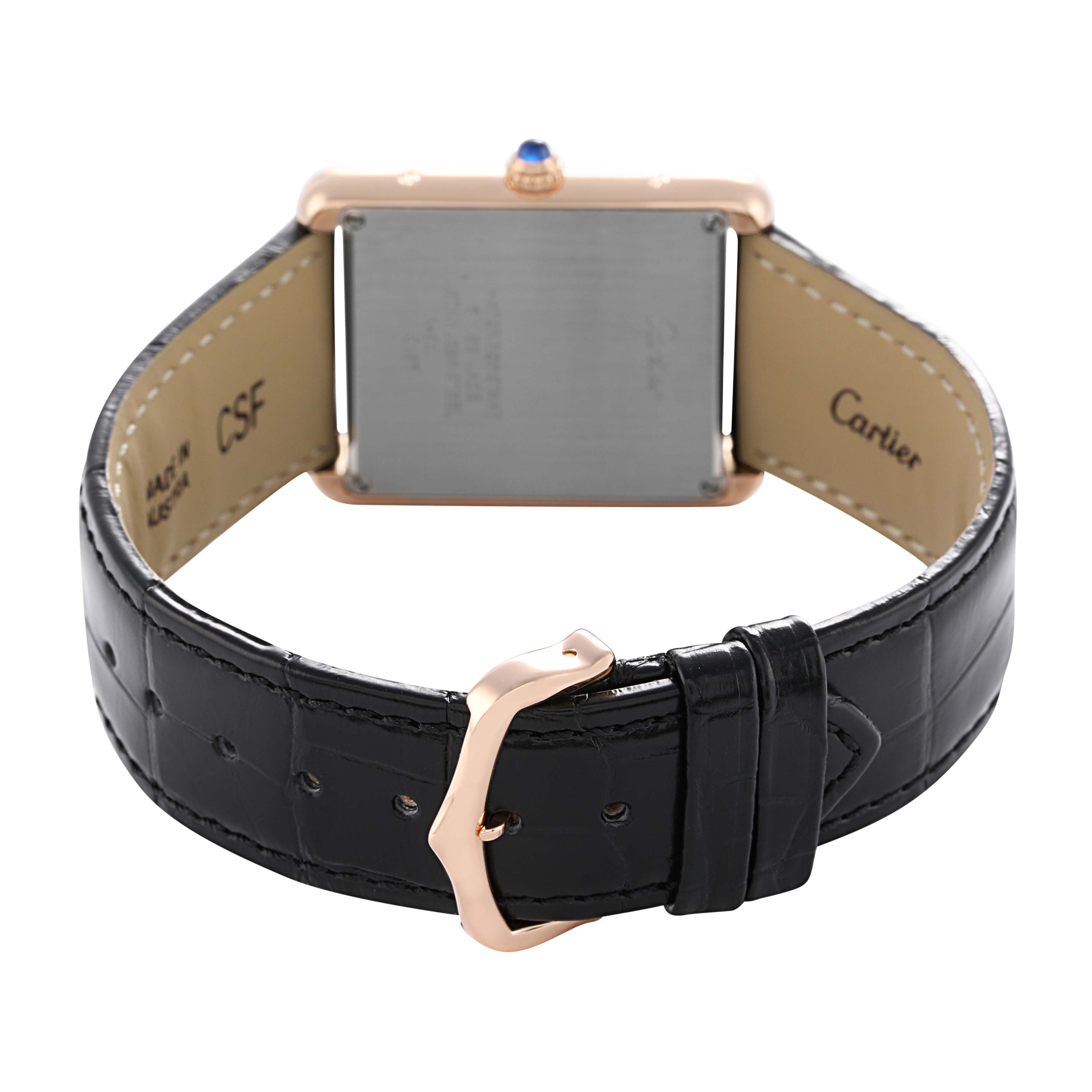 The Cartier Tank Solo W5200025 Men's Rose Gold Silver Dial watch is shown from the back, highlighting the case back, strap, and buckle.