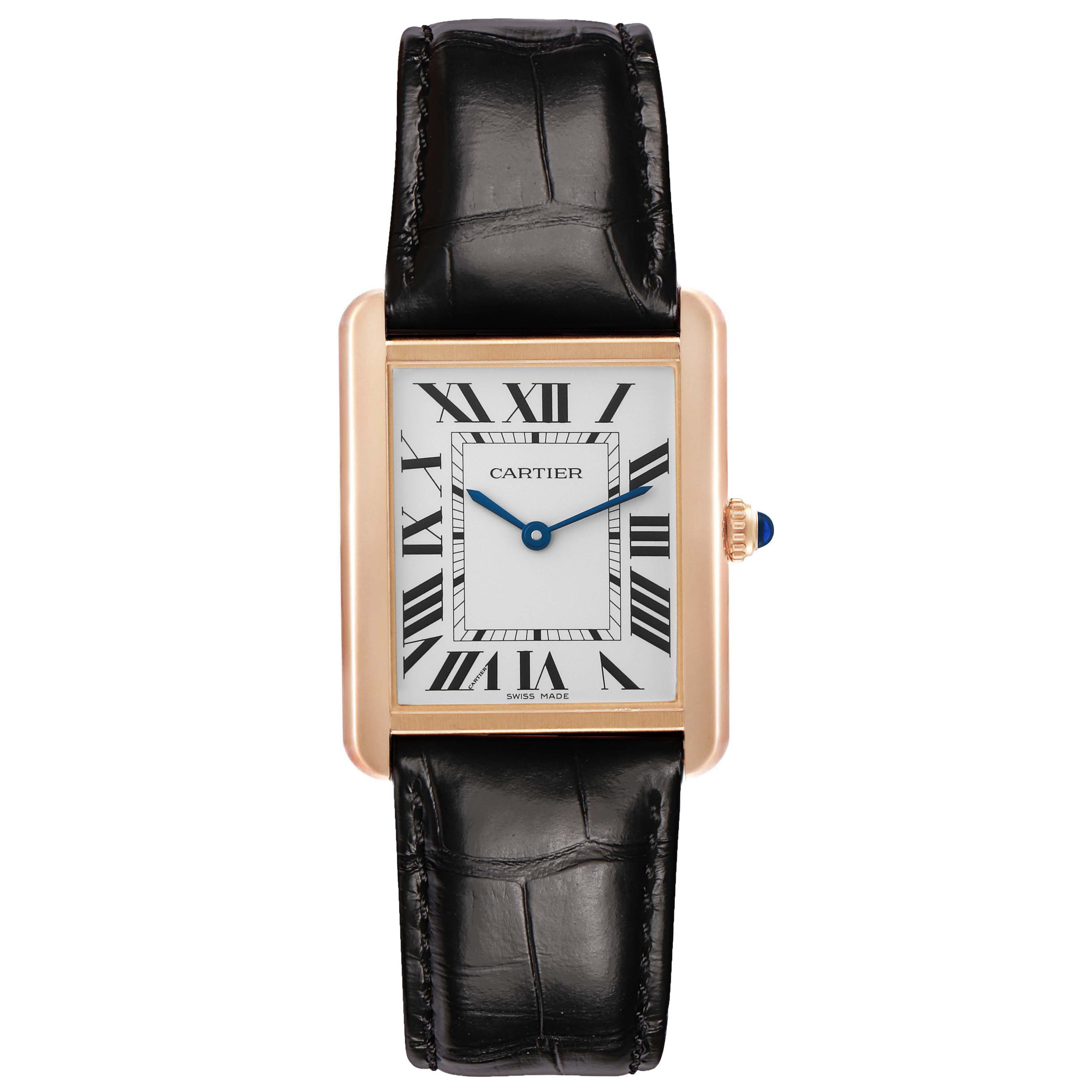 The Cartier Tank Solo W5200025 Men's Rose Gold Silver Dial watch is shown from a top-down angle, displaying its rectangular face, Roman numerals, and leather strap.