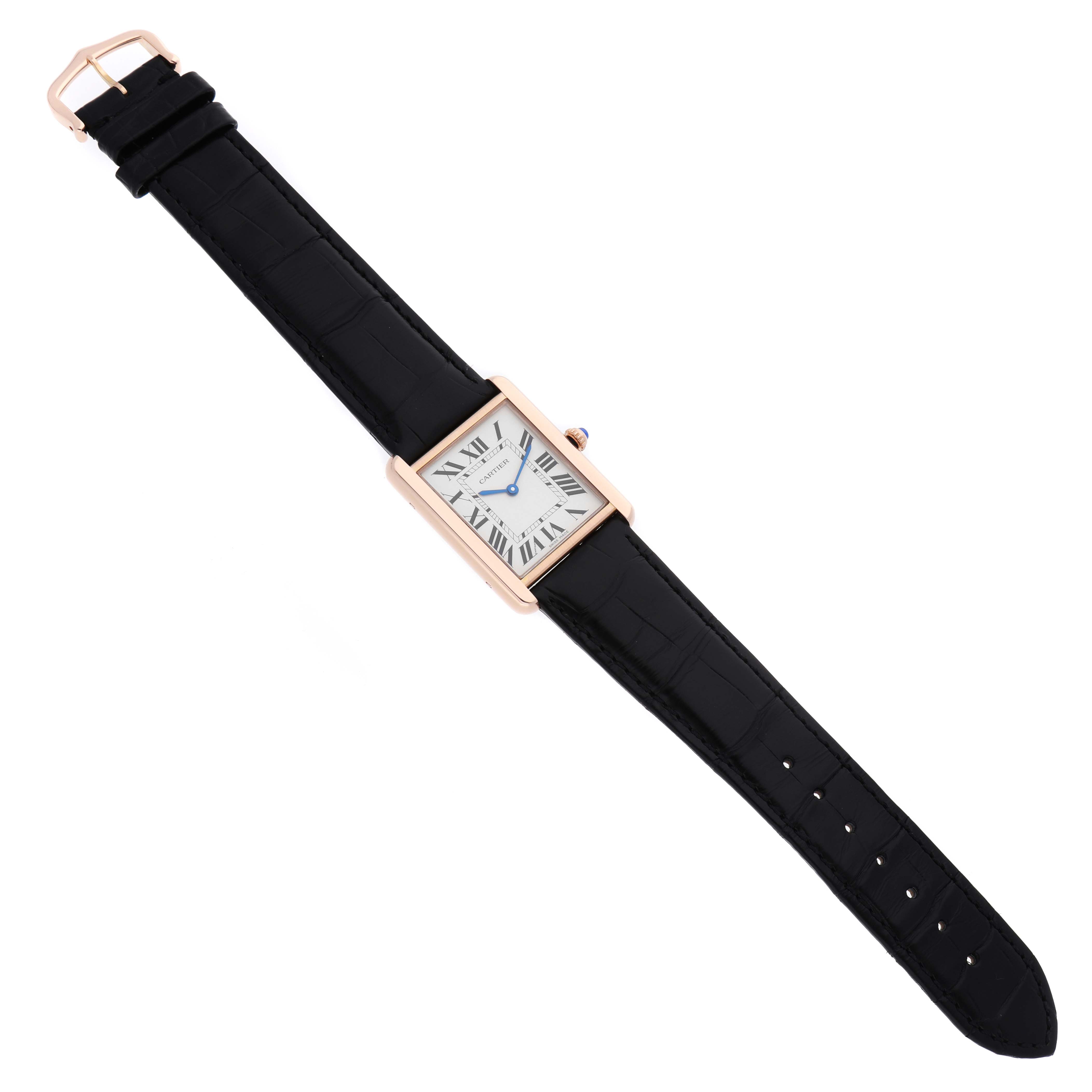 The Cartier Tank Solo W5200025 Men's Rose Gold Silver Dial watch is shown from an overhead angle, displaying its case, strap, and buckle.