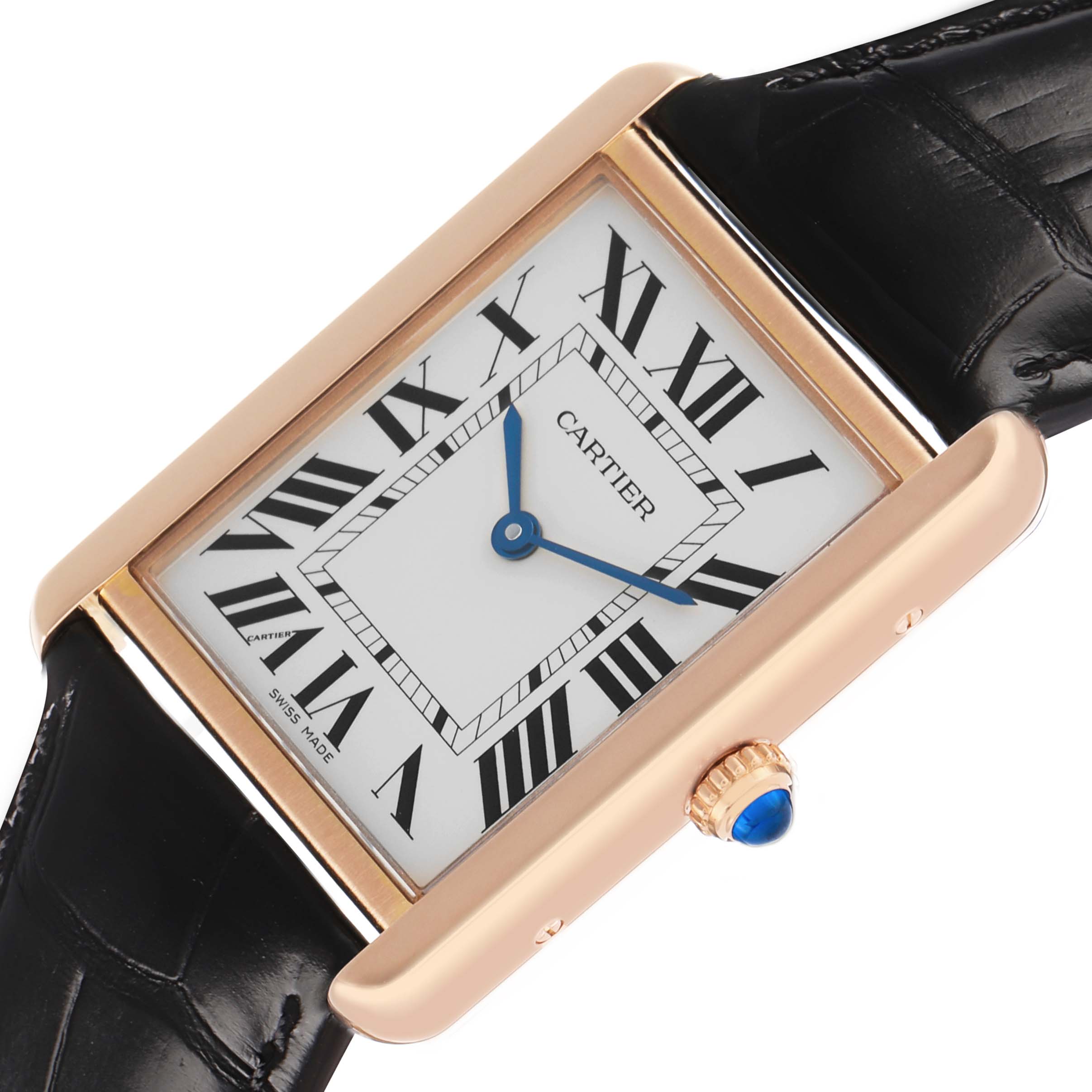 The Cartier Tank Solo W5200025 Men's Rose Gold Silver Dial watch is shown at an angle highlighting the rectangular face, Roman numerals, blue hands, and crown.
