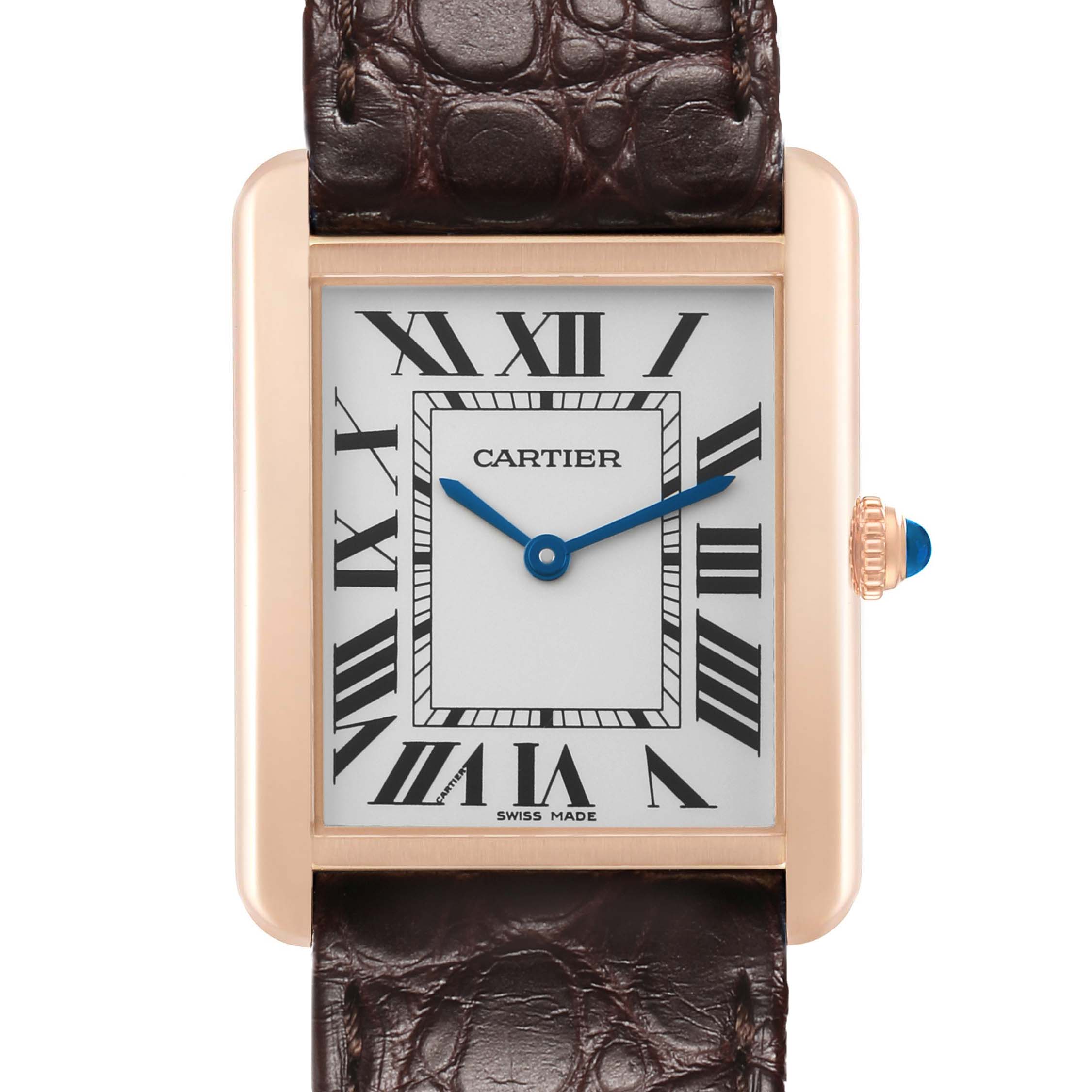 The Cartier Tank Solo W5200025 Men's Rose Gold Silver Dial watch is shown from the front, highlighting its rectangular face, Roman numerals, and alligator leather strap.