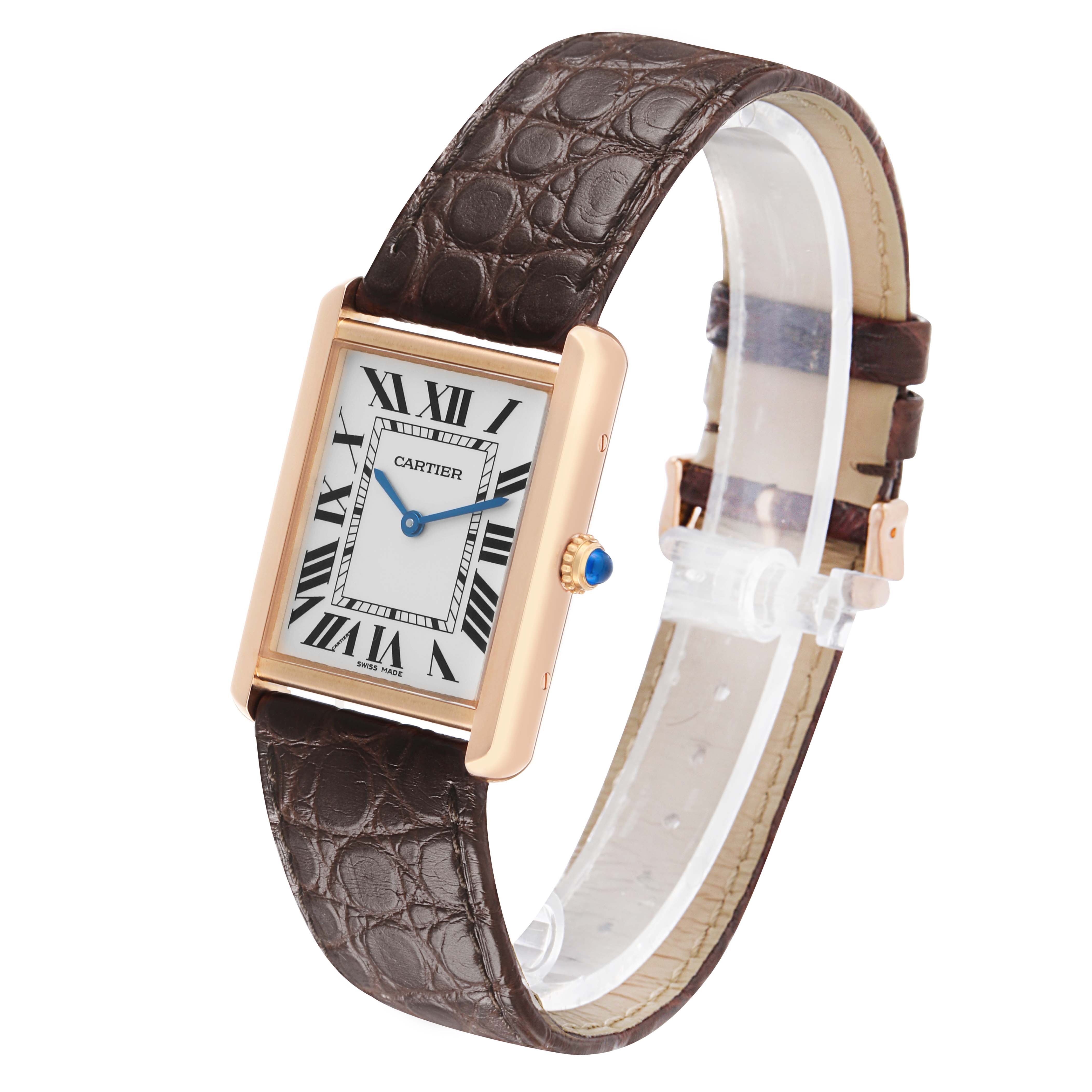 The Cartier Tank Solo W5200025 Men's Rose Gold Silver Dial watch is shown at an angled side view, displaying the face, Roman numerals, and a brown leather strap.