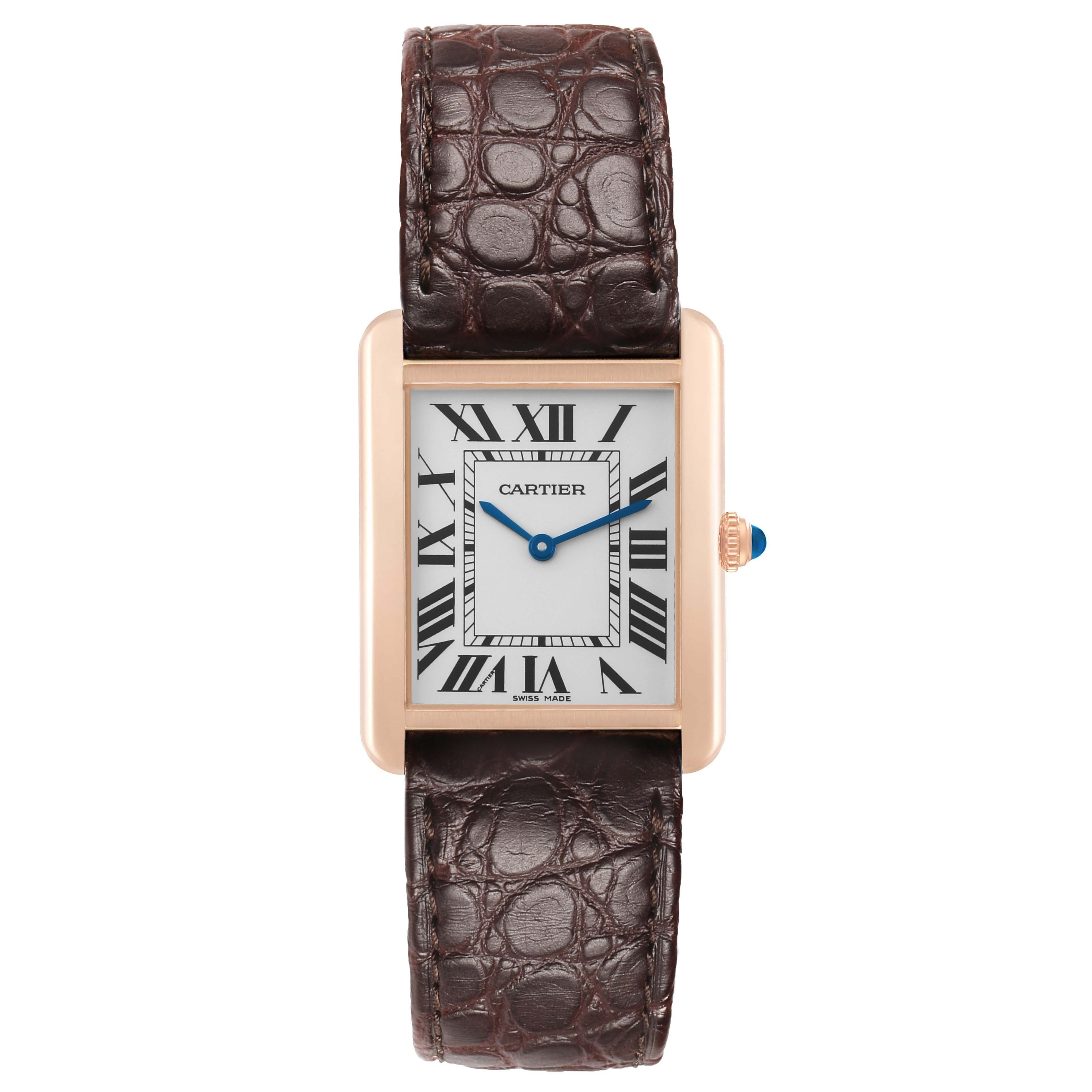 The Cartier Tank Solo W5200025 Men's Rose Gold Silver Dial watch is shown from the front, highlighting its rectangular face, Roman numerals, and leather strap.