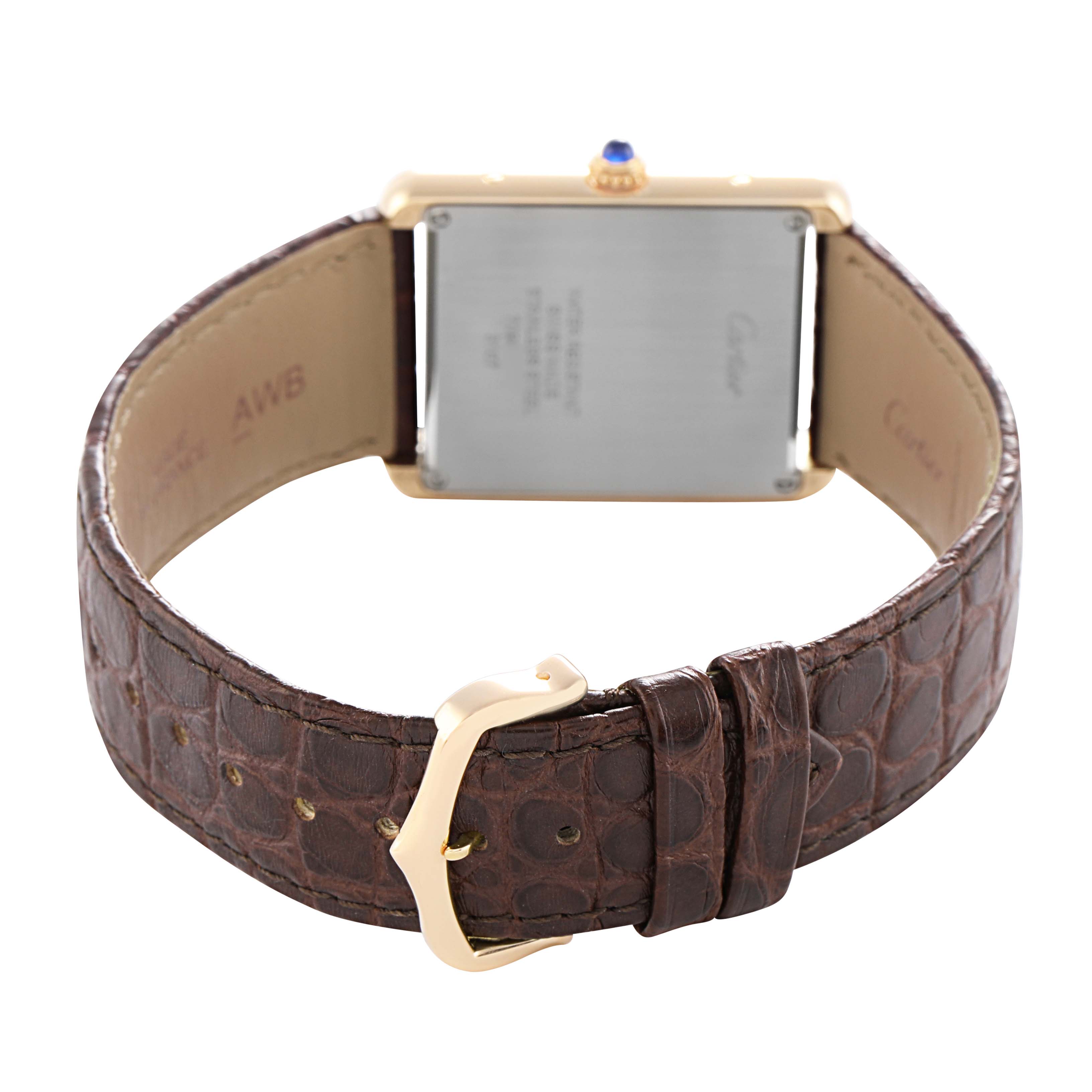 The image shows the back view of the Cartier Tank Solo W5200025 Men's Rose Gold Silver Dial watch, highlighting the case back and leather strap with a buckle.