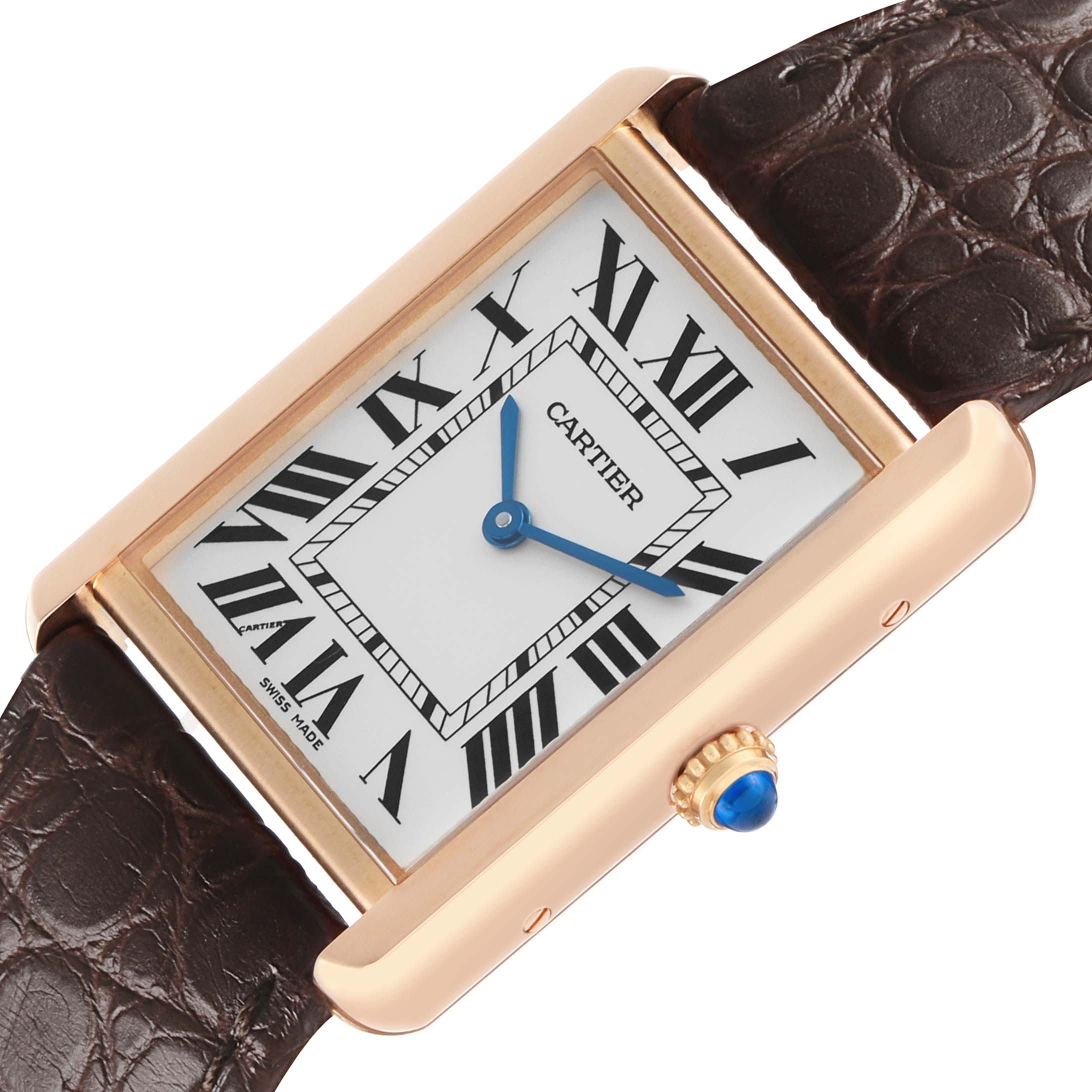 The Cartier Tank Solo W5200025 Men's Rose Gold Silver Dial watch is shown at a slight angle, highlighting the rectangular face, Roman numerals, blue hands, and alligator strap.
