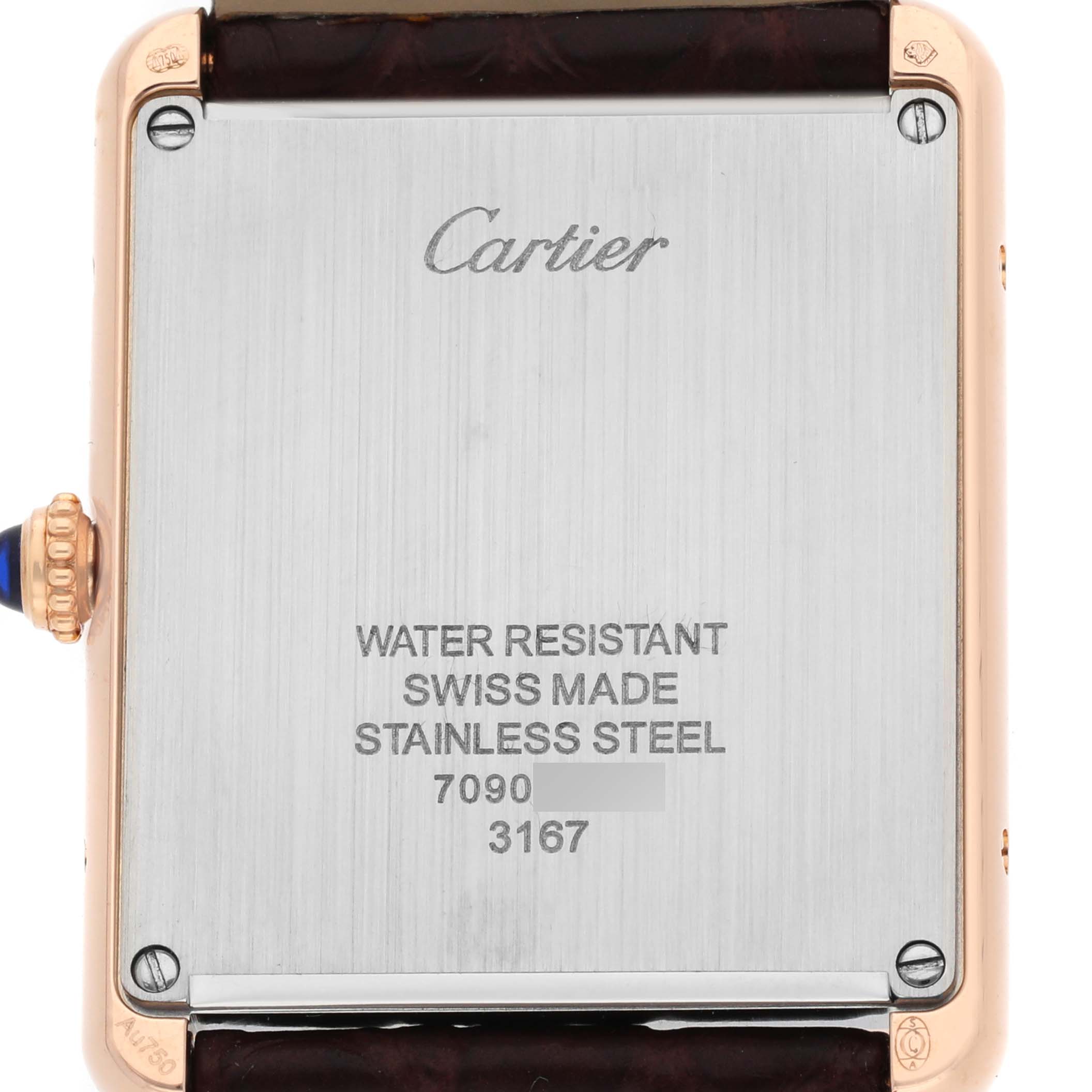 The image shows the back casing of a Cartier Tank Solo W5200025 Men's Rose Gold Silver Dial watch, highlighting its stainless steel, water resistance, and crown.