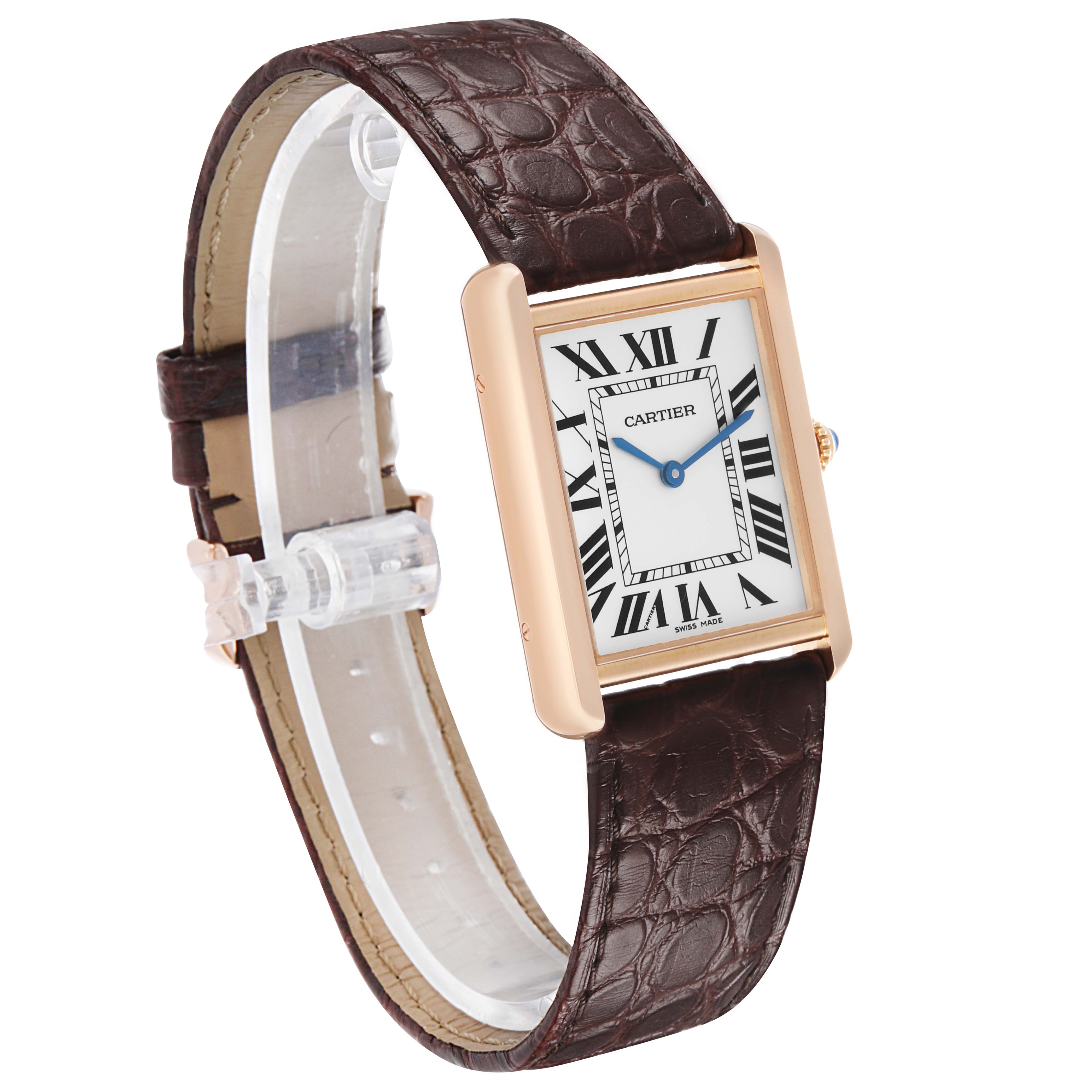 The Cartier Tank Solo W5200025 Men's Rose Gold Silver Dial watch is shown from a three-quarter angle, highlighting its rectangular face, Roman numerals, and brown leather strap.