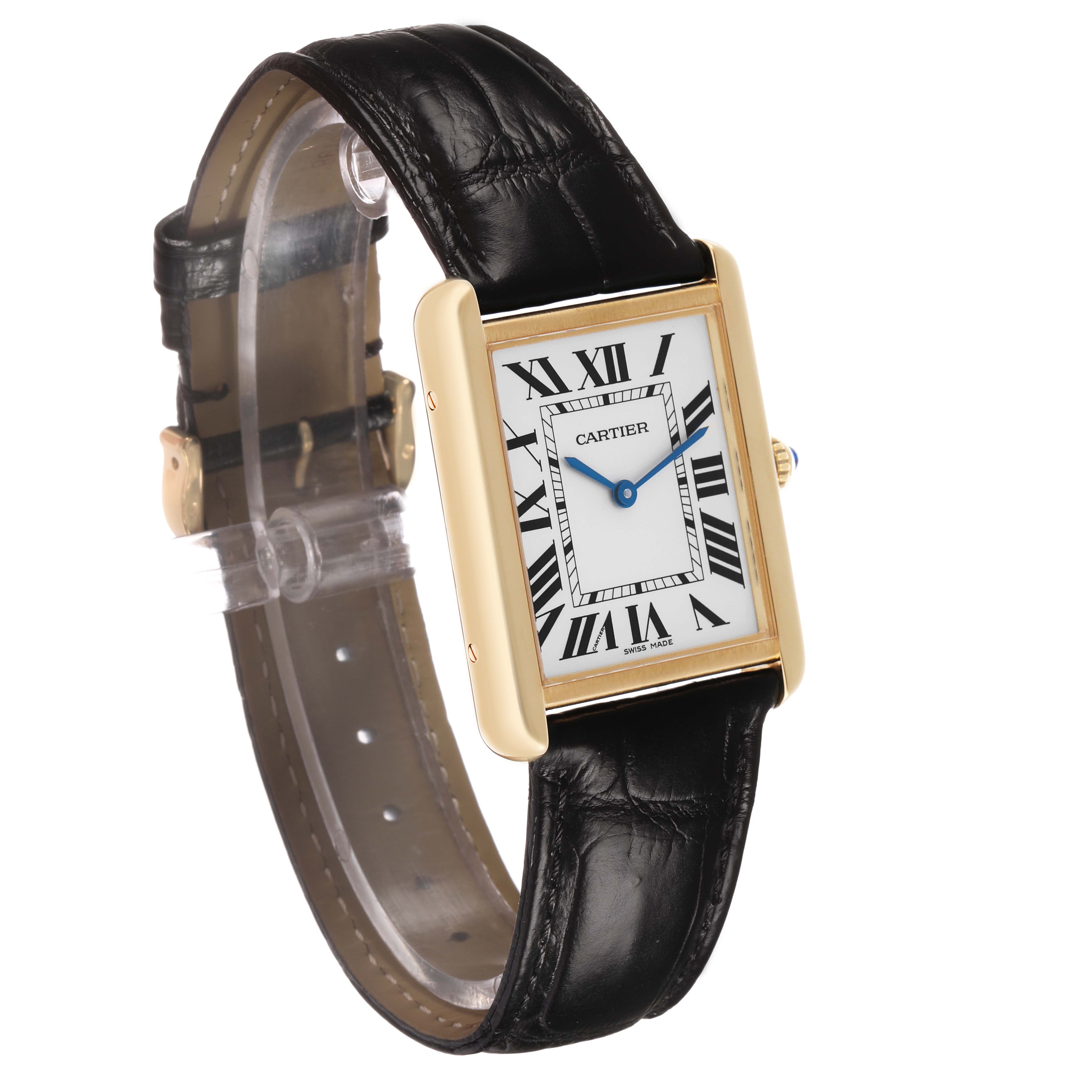 The Cartier Tank Solo W5200004 Men's Yellow Gold Silver Dial watch is shown at an angled view, displaying the rectangular face, leather strap, and crown.