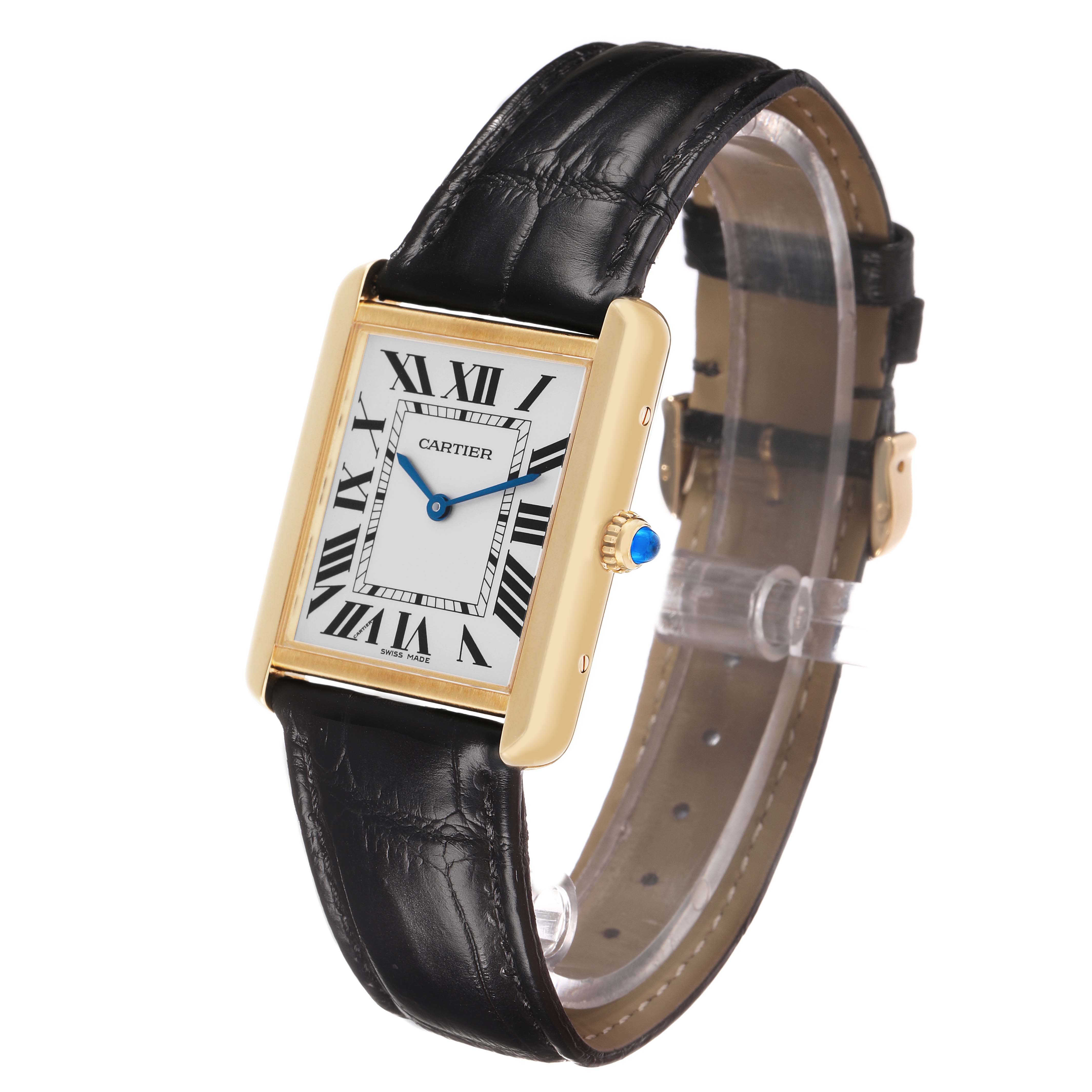 The Cartier Tank Solo W5200004 Men's Yellow Gold Silver Dial watch is shown at a three-quarter angle, highlighting its face, strap, and crown.