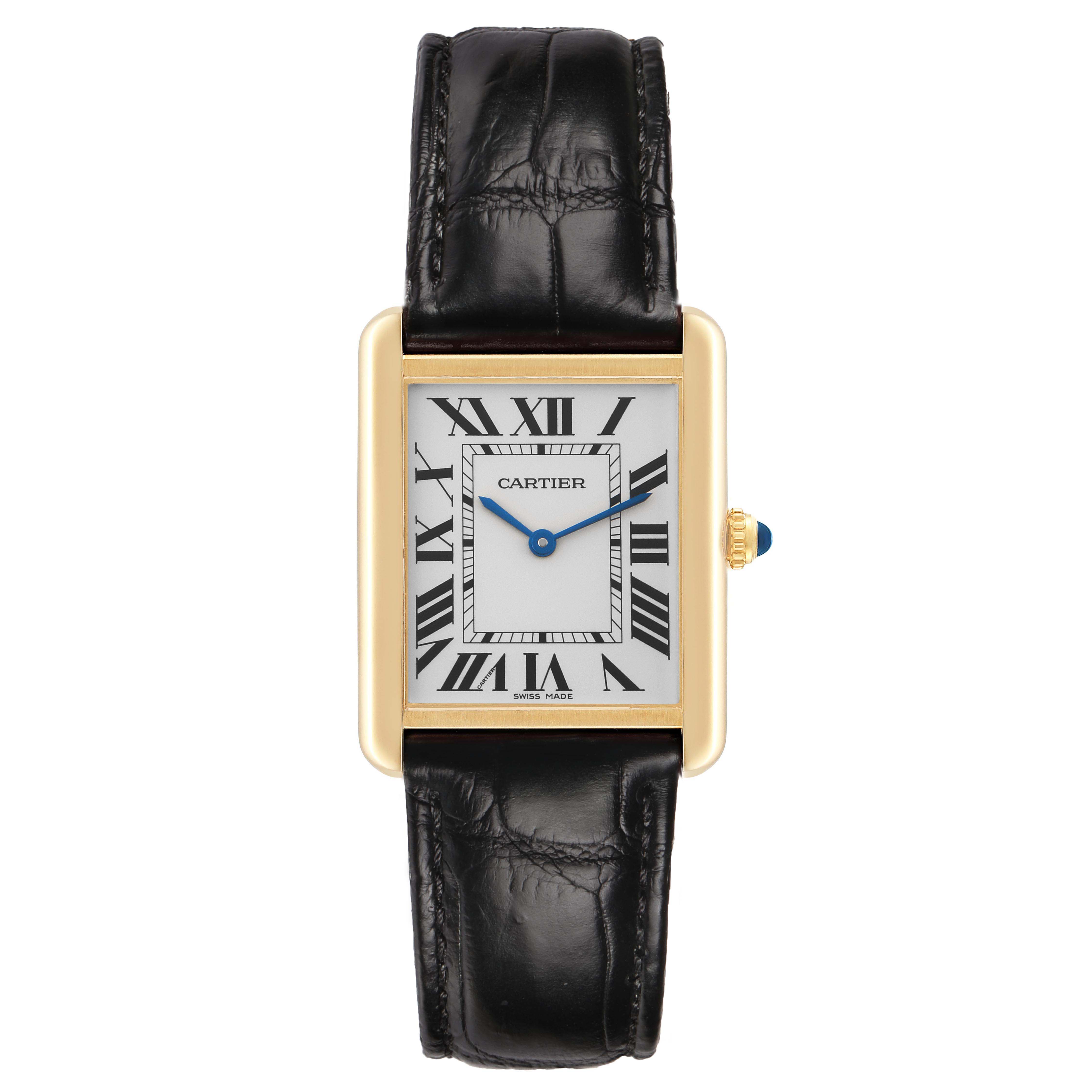 The Cartier Tank Solo W5200004 Men's Yellow Gold Silver Dial watch is shown from a front view, highlighting its rectangular dial, roman numerals, and black leather strap.