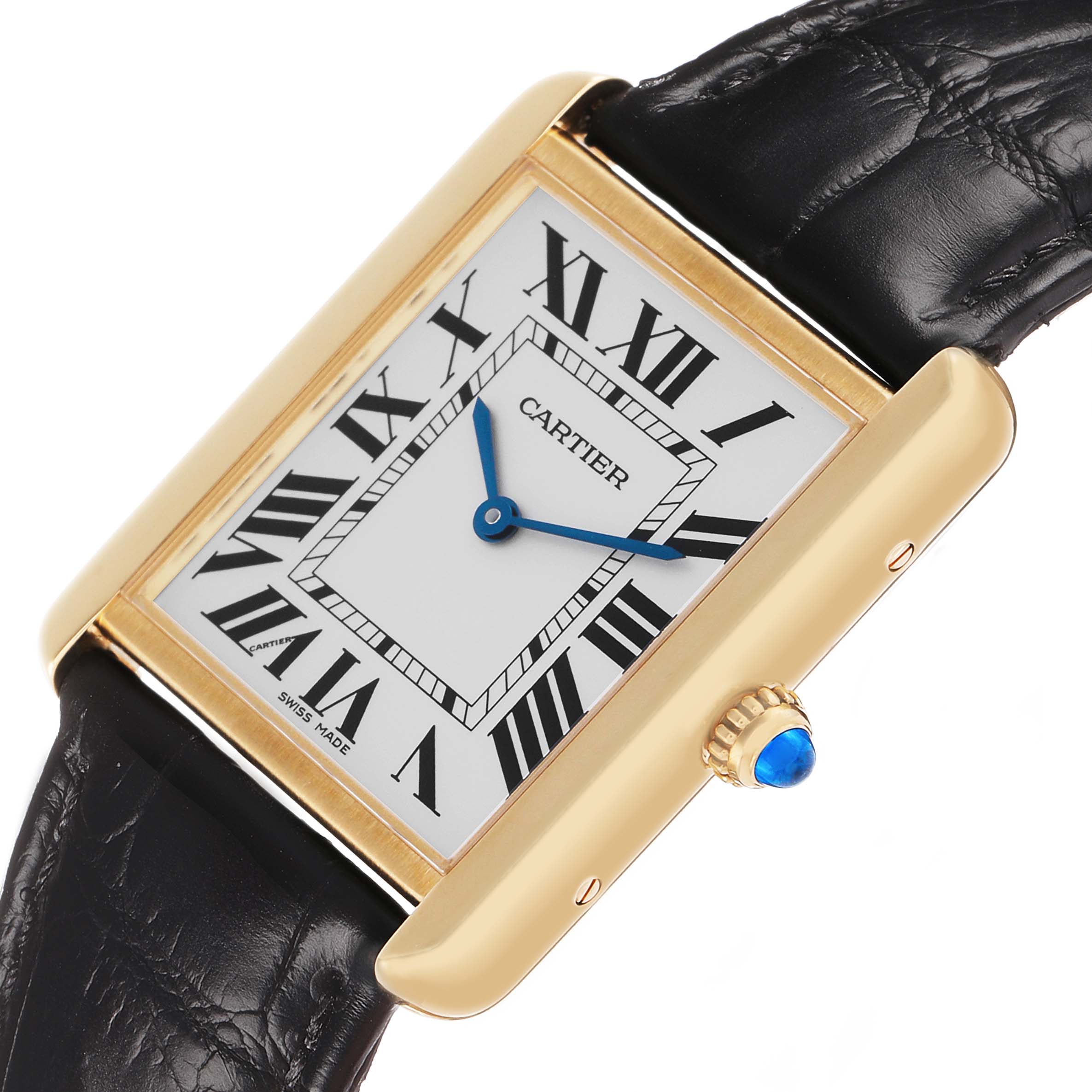 The Cartier Tank Solo W5200004 Men's Yellow Gold Silver Dial watch is shown from a front-left angle, highlighting the face, case, and crown with a blue cabochon.