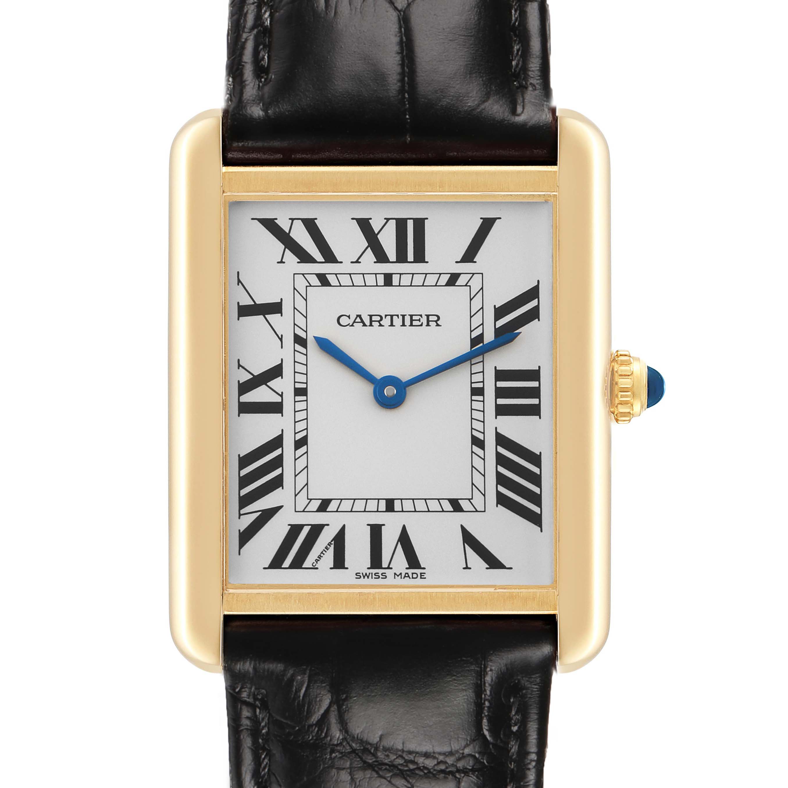 The Cartier Tank Solo W5200004 Men's Yellow Gold Silver Dial watch is shown from the front, highlighting its rectangular face, Roman numerals, and leather strap.