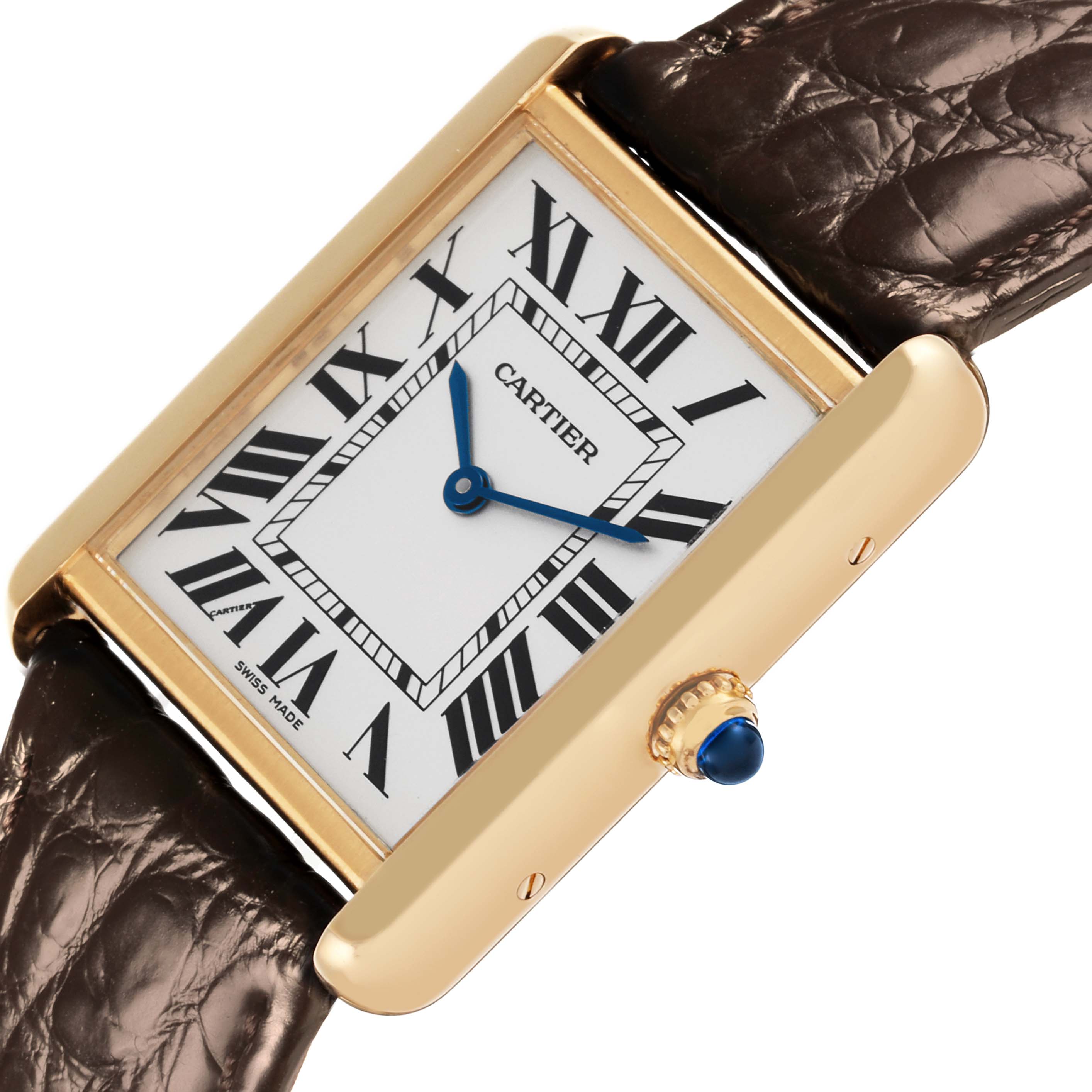 The Cartier Tank Solo W1018755 Women's Steel and Gold (two tone) Silver Dial W1018755 Women's Steel and Gold (two tone) Silver Dial watch is shown at a tilted angle, displaying the face, crown, and part of the leather strap.