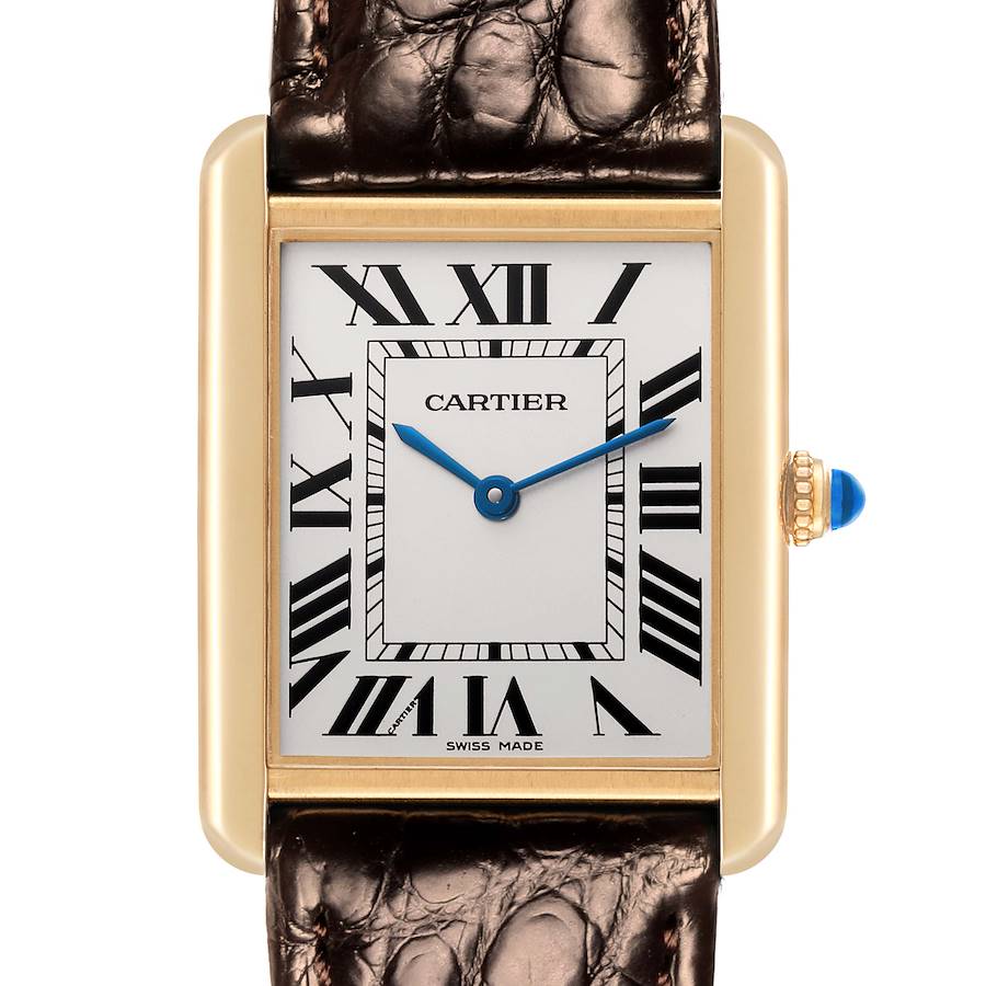 The Cartier Tank Solo watch is shown in a close-up, front-facing angle highlighting the dial, crown, and leather strap.