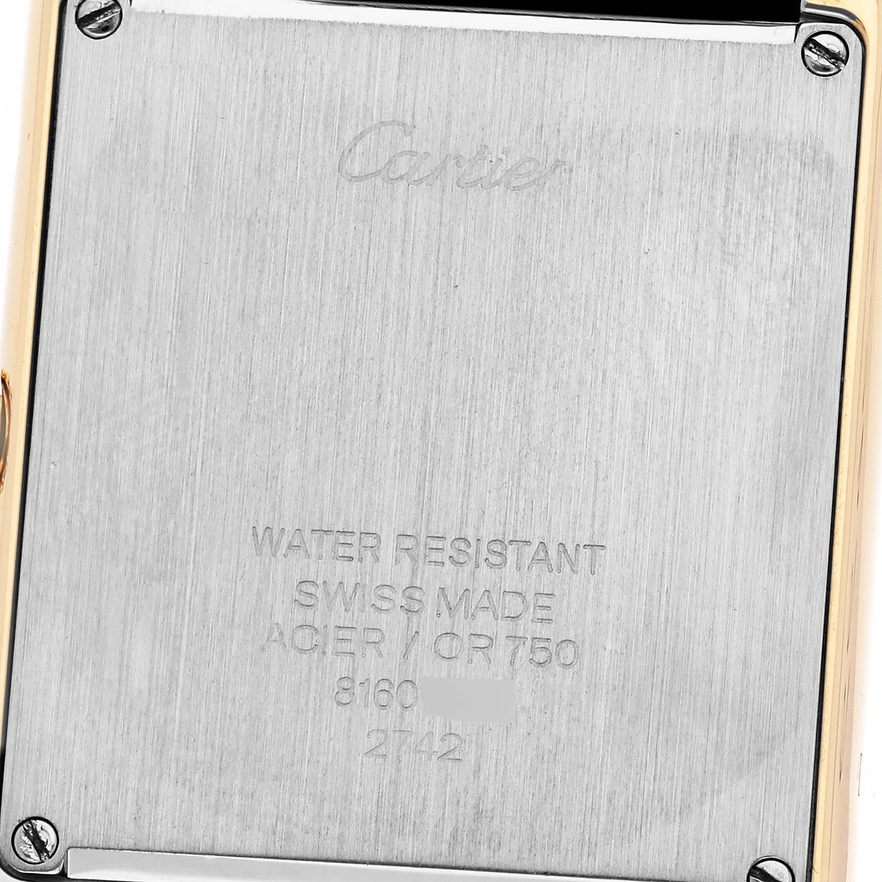 The image shows the back of a Cartier Tank Solo W1018755 Women's Steel and Gold (two tone) Silver Dial W1018755 Women's Steel and Gold (two tone) Silver Dial watch, highlighting its brushed metal caseback with engravings.