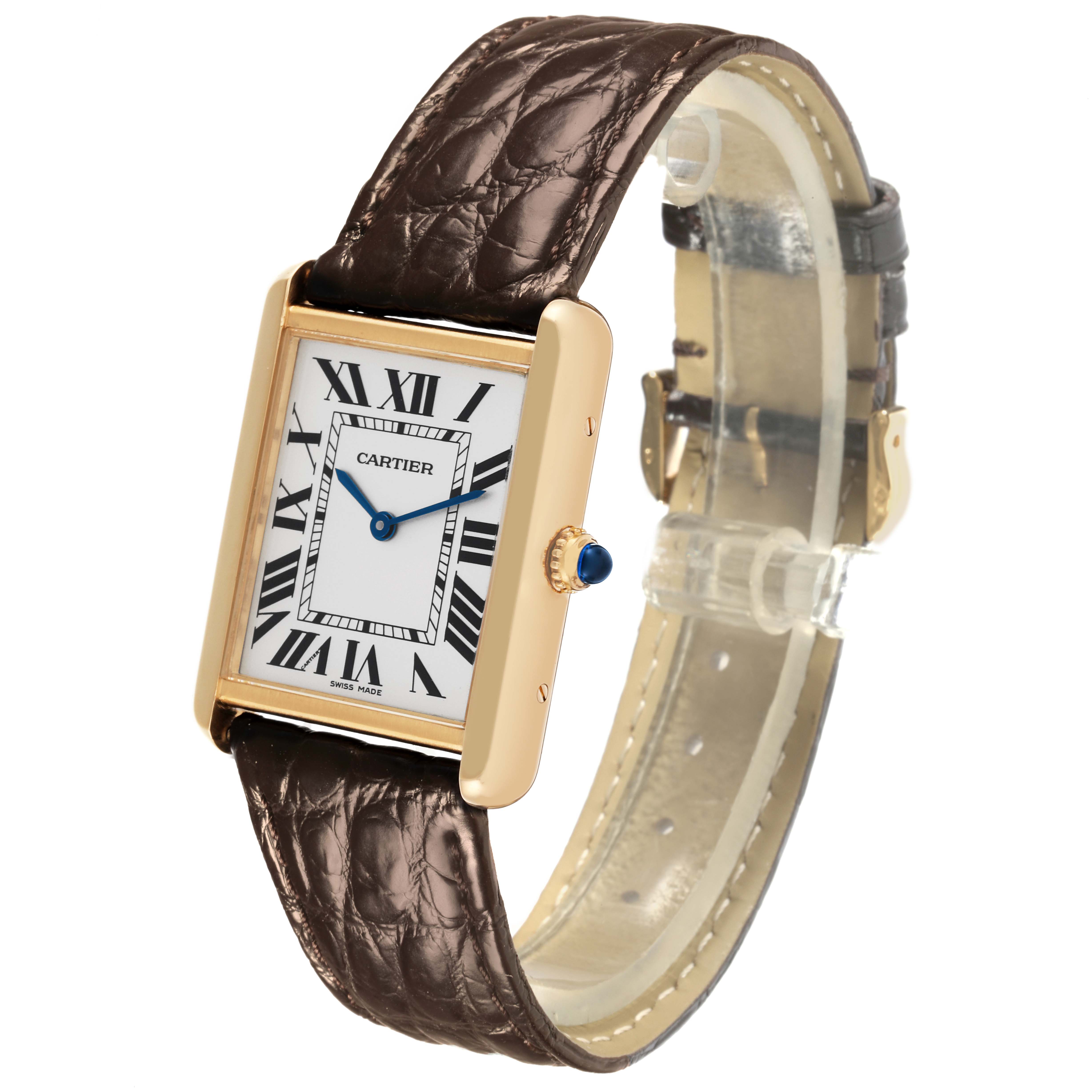 The Cartier Tank Solo W1018755 Women's Steel and Gold (two tone) Silver Dial W1018755 Women's Steel and Gold (two tone) Silver Dial watch is shown from an angled side view, displaying its face, case, crown, and leather strap.