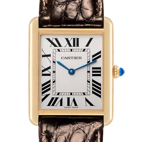 The Cartier Tank Solo watch is shown from the front, highlighting the face, hands, case, and crown with its strap edges visible.