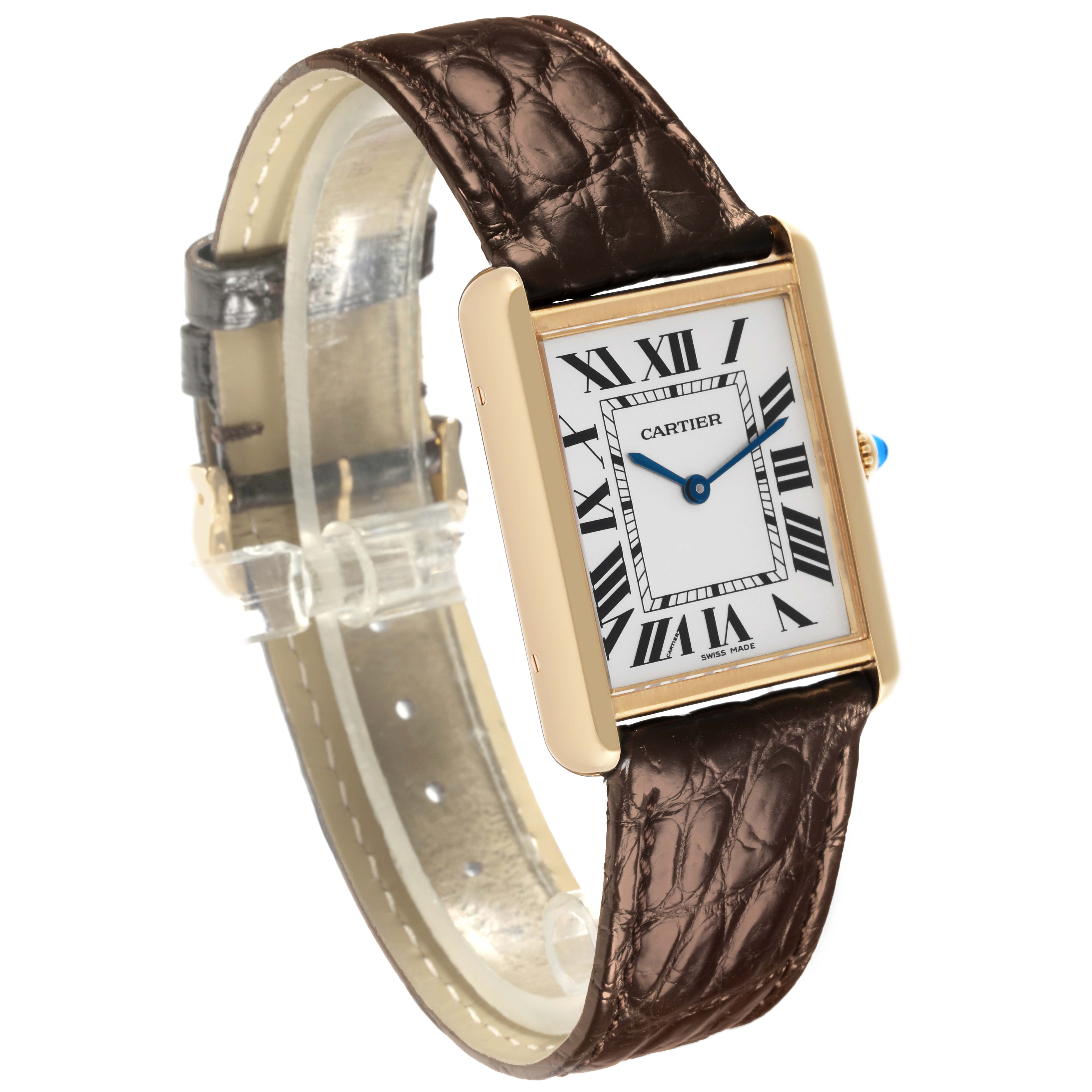 The Cartier Tank Solo W1018755 Women's Steel and Gold (two tone) Silver Dial W1018755 Women's Steel and Gold (two tone) Silver Dial watch is shown at a three-quarter angle, highlighting its rectangular face, roman numerals, and leather strap.