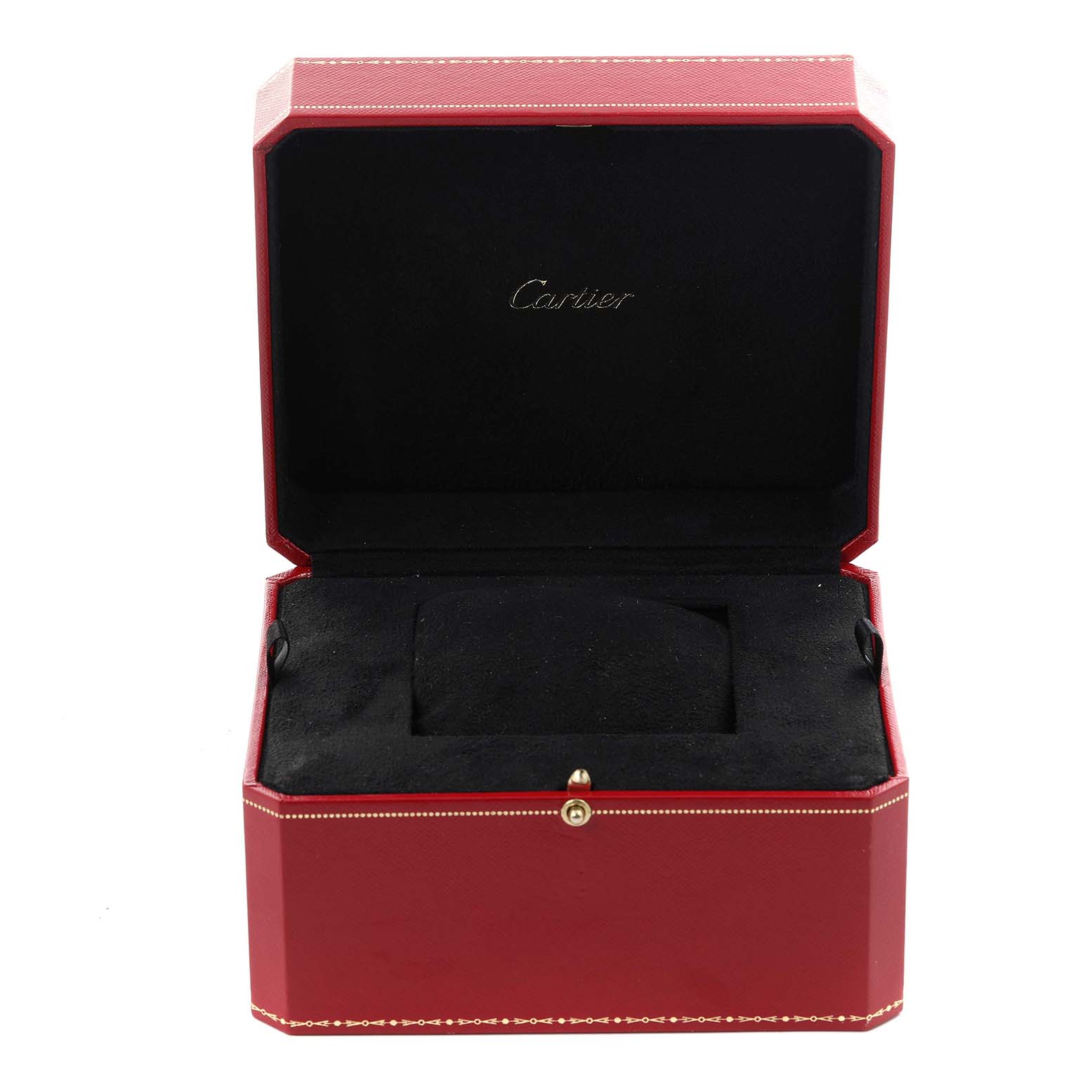 This image shows a Cartier red watch box for the Tank Solo model, open to reveal a black interior.