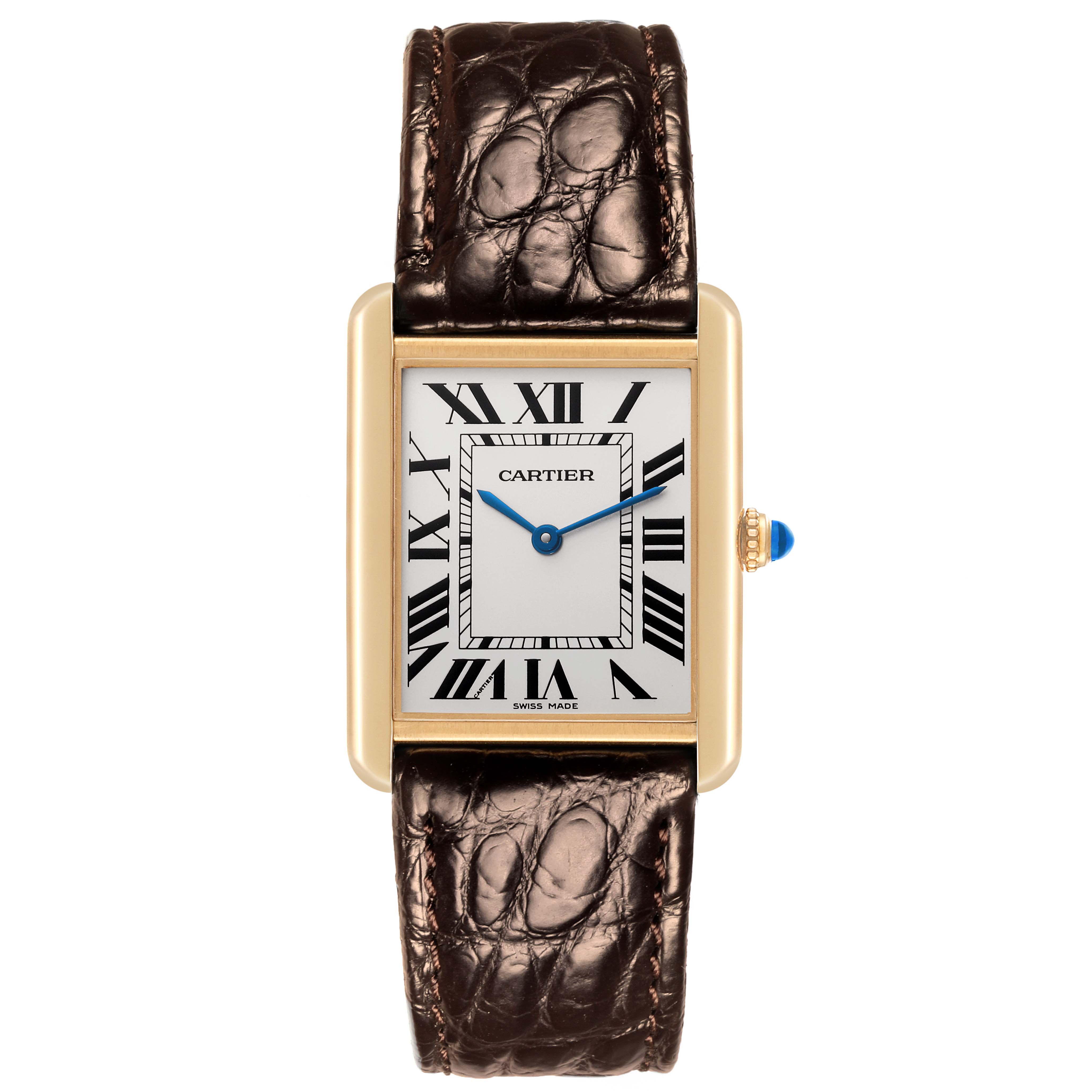 The Cartier Tank Solo W1018755 Women's Steel and Gold (two tone) Silver Dial W1018755 Women's Steel and Gold (two tone) Silver Dial watch is shown from the front, displaying its dial, rectangular case, and leather strap.