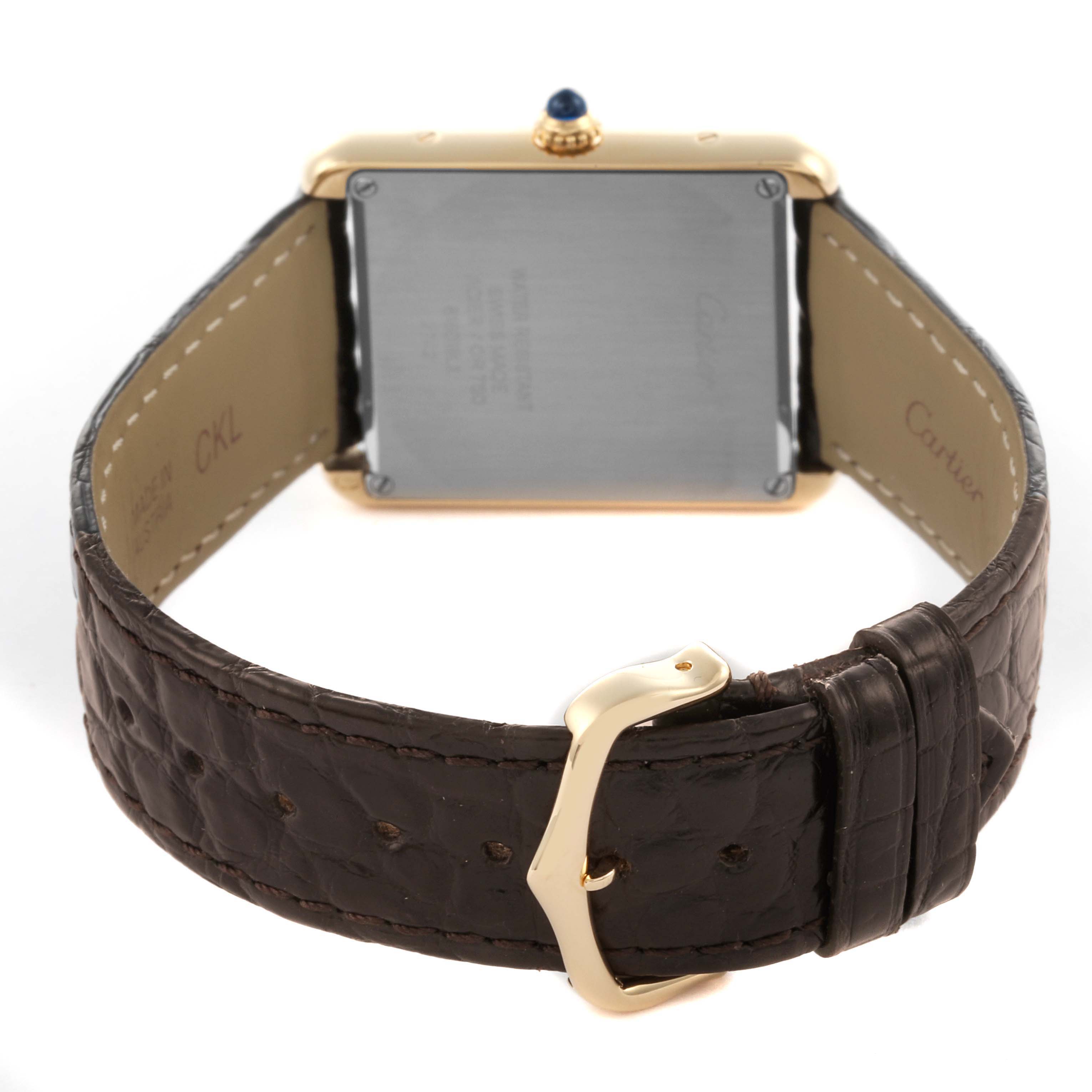 The image shows the back of the Cartier Tank Solo W1018755 Women's Steel and Gold (two tone) Silver Dial W1018755 Women's Steel and Gold (two tone) Silver Dial watch, highlighting the case, buckle, and leather strap.