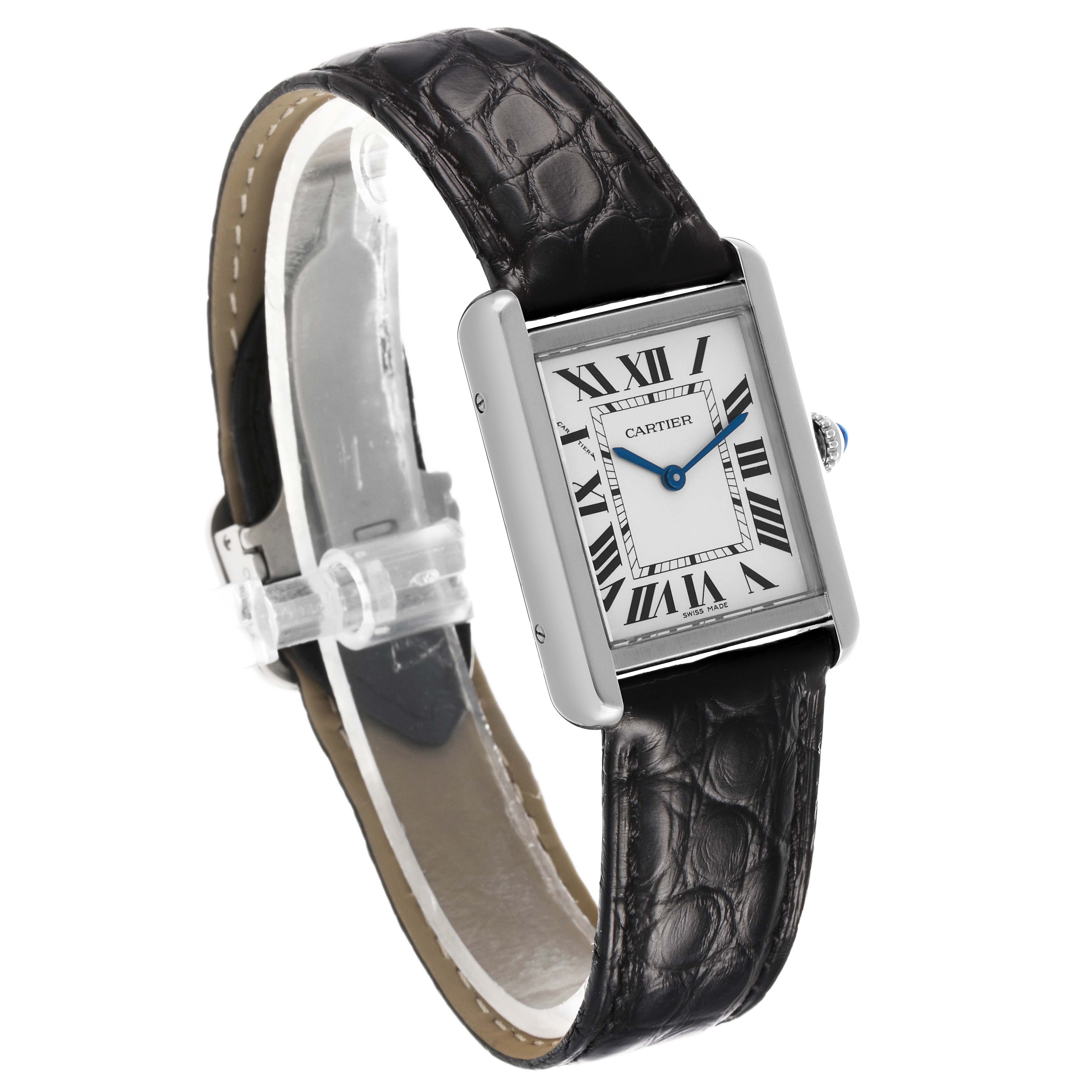 The Cartier Tank Solo W5200005 Women's Stainless Steel Silver Dial watch is shown at a three-quarter angle highlighting its rectangular face and leather strap.