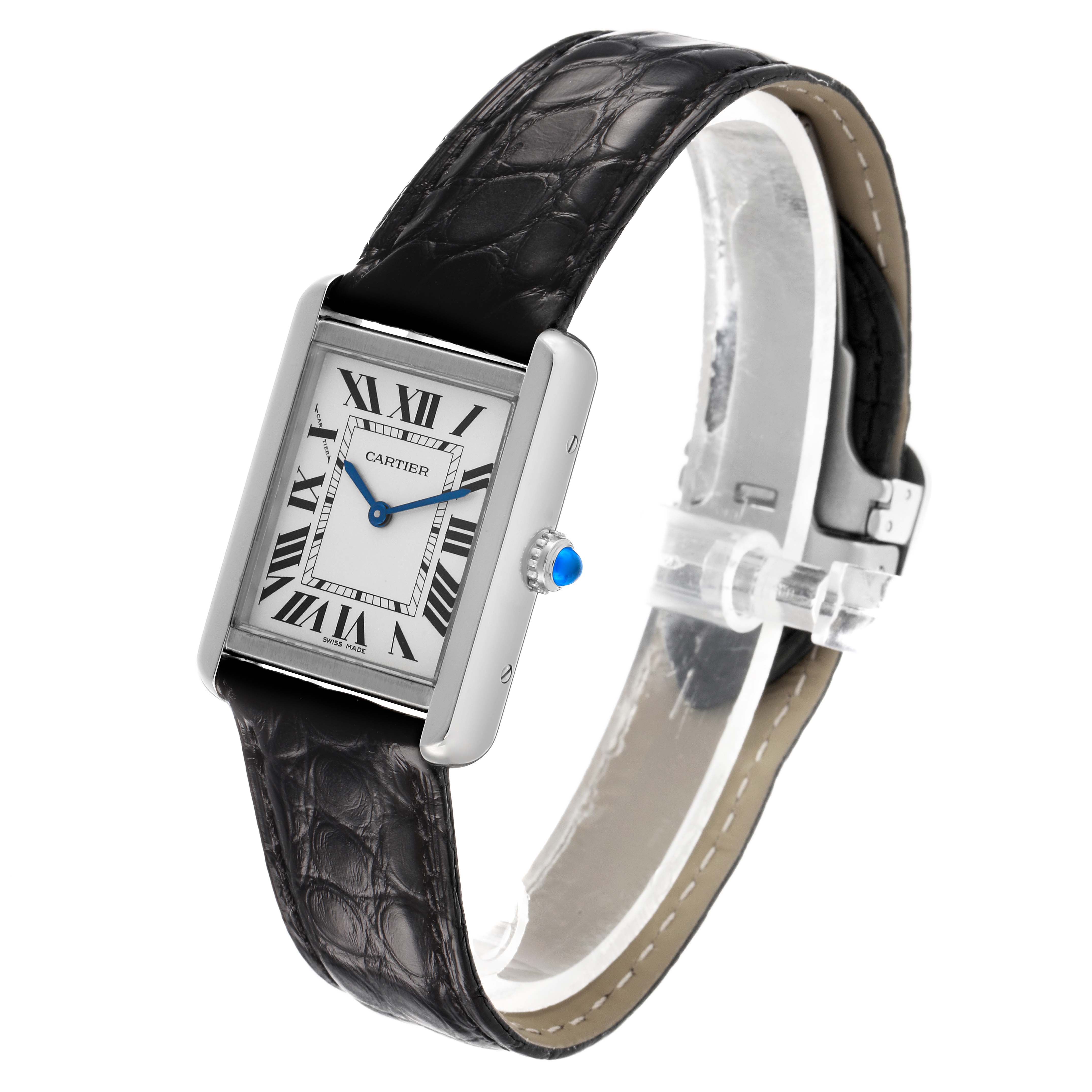 The Cartier Tank Solo W5200005 Women's Stainless Steel Silver Dial watch is shown at a three-quarter angle, highlighting the face, strap, and crown.