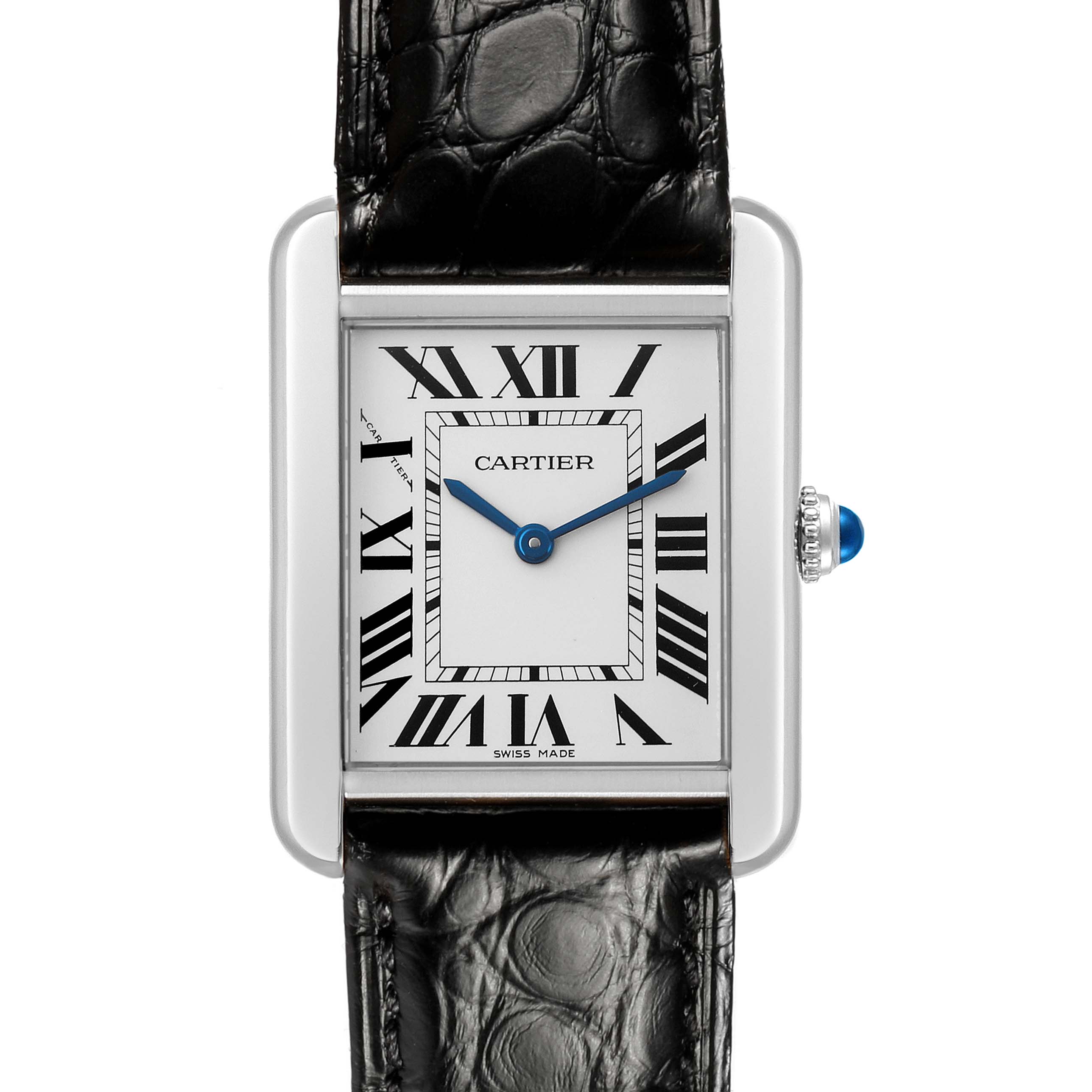 The Cartier Tank Solo W5200005 Women's Stainless Steel Silver Dial watch is shown from the front, highlighting its rectangular face, Roman numerals, blue hands, and black leather strap.
