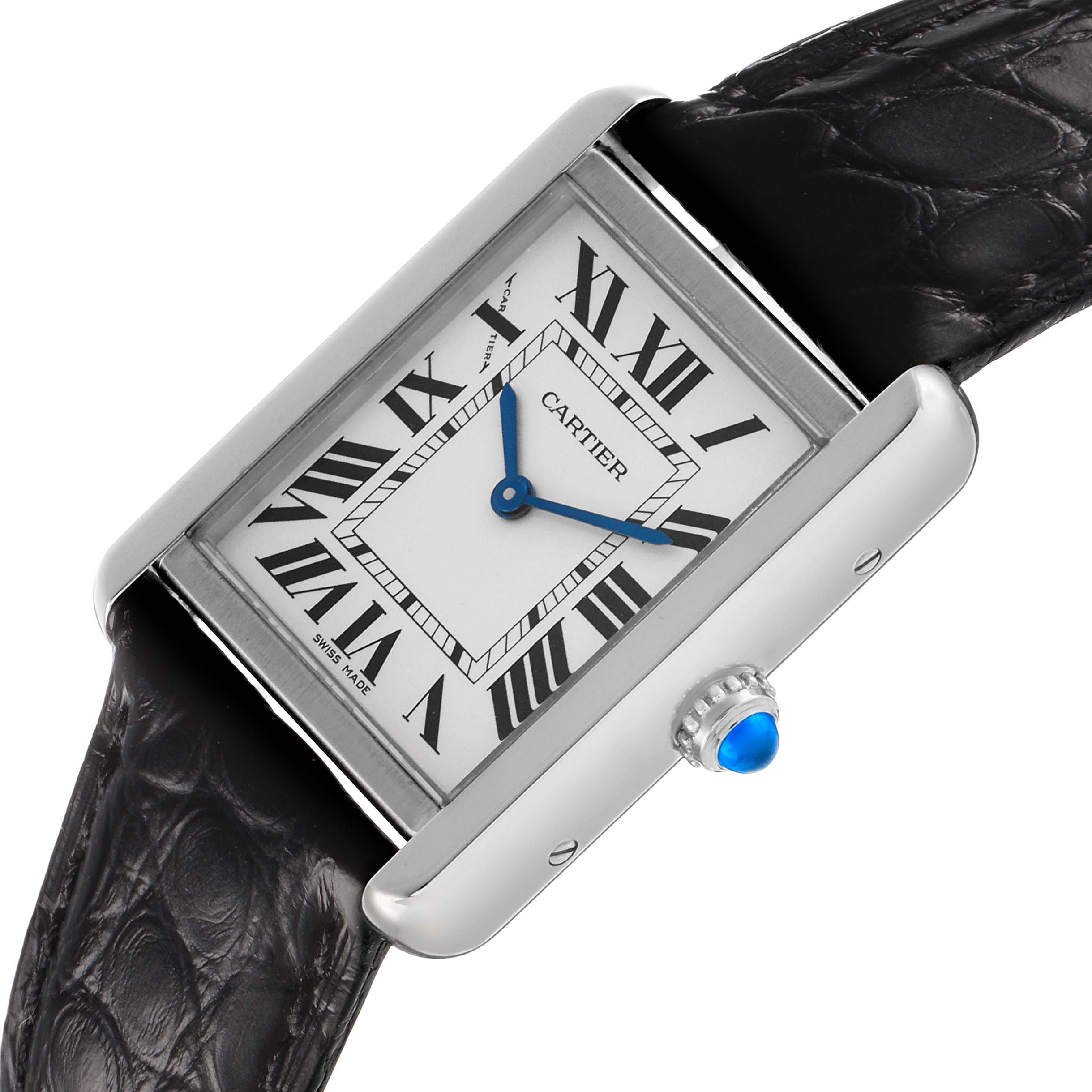 The Cartier Tank Solo W5200005 Women's Stainless Steel Silver Dial watch is shown at a slight angle, displaying its rectangular face, blue hands, Roman numerals, and crown with blue cabochon.